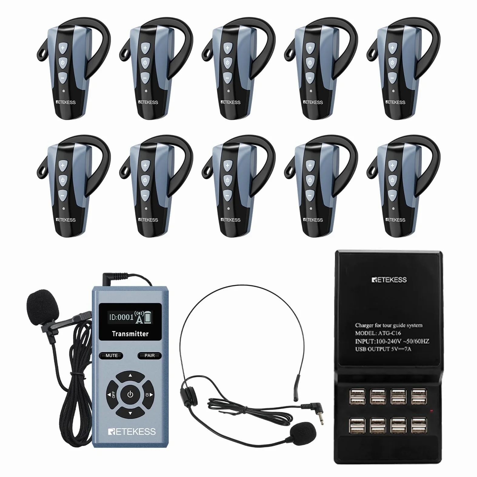 Retekess TT106S Bezprzewodowy System Tour Guide, Słuchawki z Zaczepem na Ucho, 2.4G, 200 m, Port Ladowania USB, dla Grup Turystycznych, Sesje Szkoleniowe (1 Nadajnik, 10 Odbiorników)