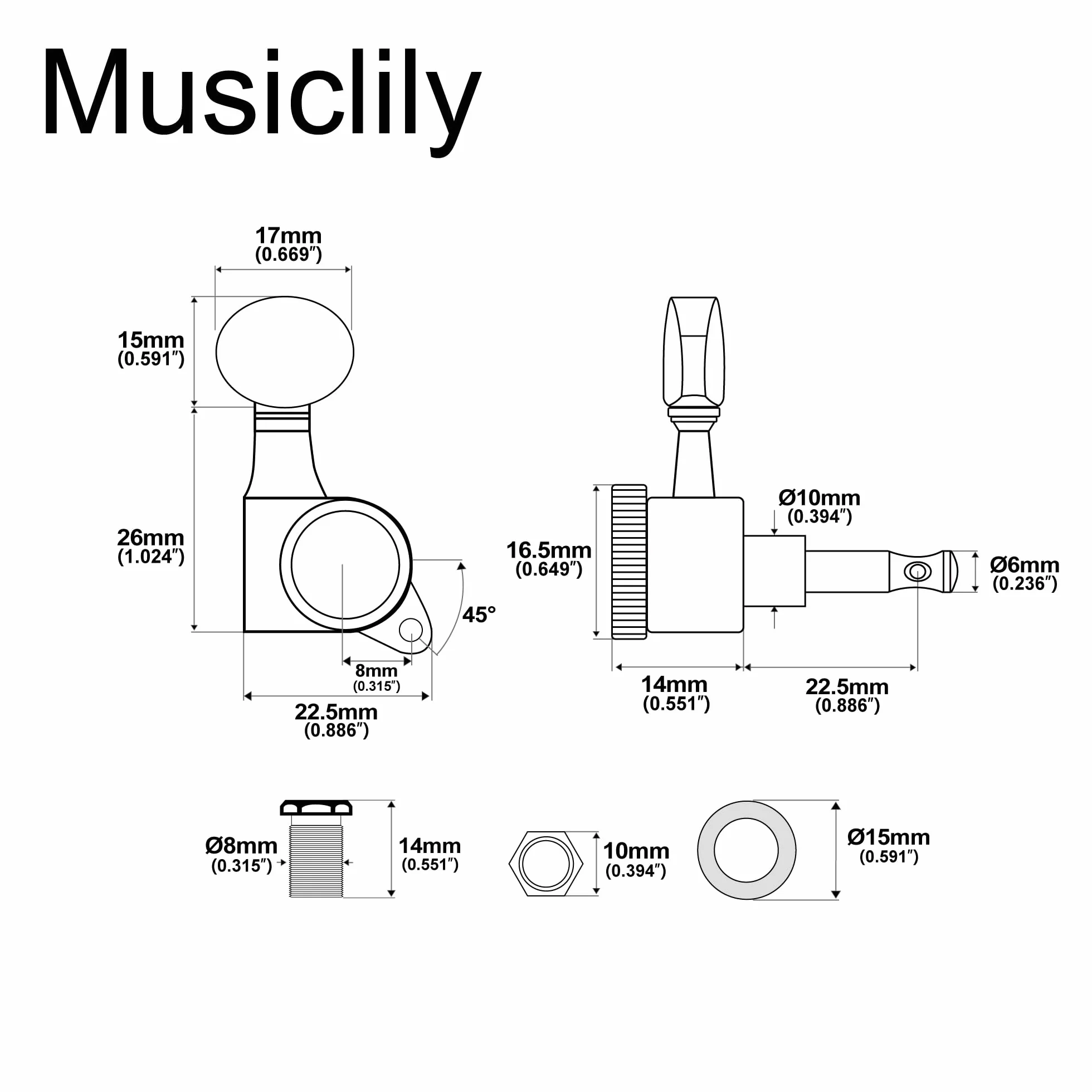 Musiclily Pro 6 w linii Tunery Blokujące Gitarowe Klucze Blokowane Locking Tuners Kołki Strojenia do Gitary Elektrycznej Strat Tele, Chrom Pokrętła Vintage Owalny
