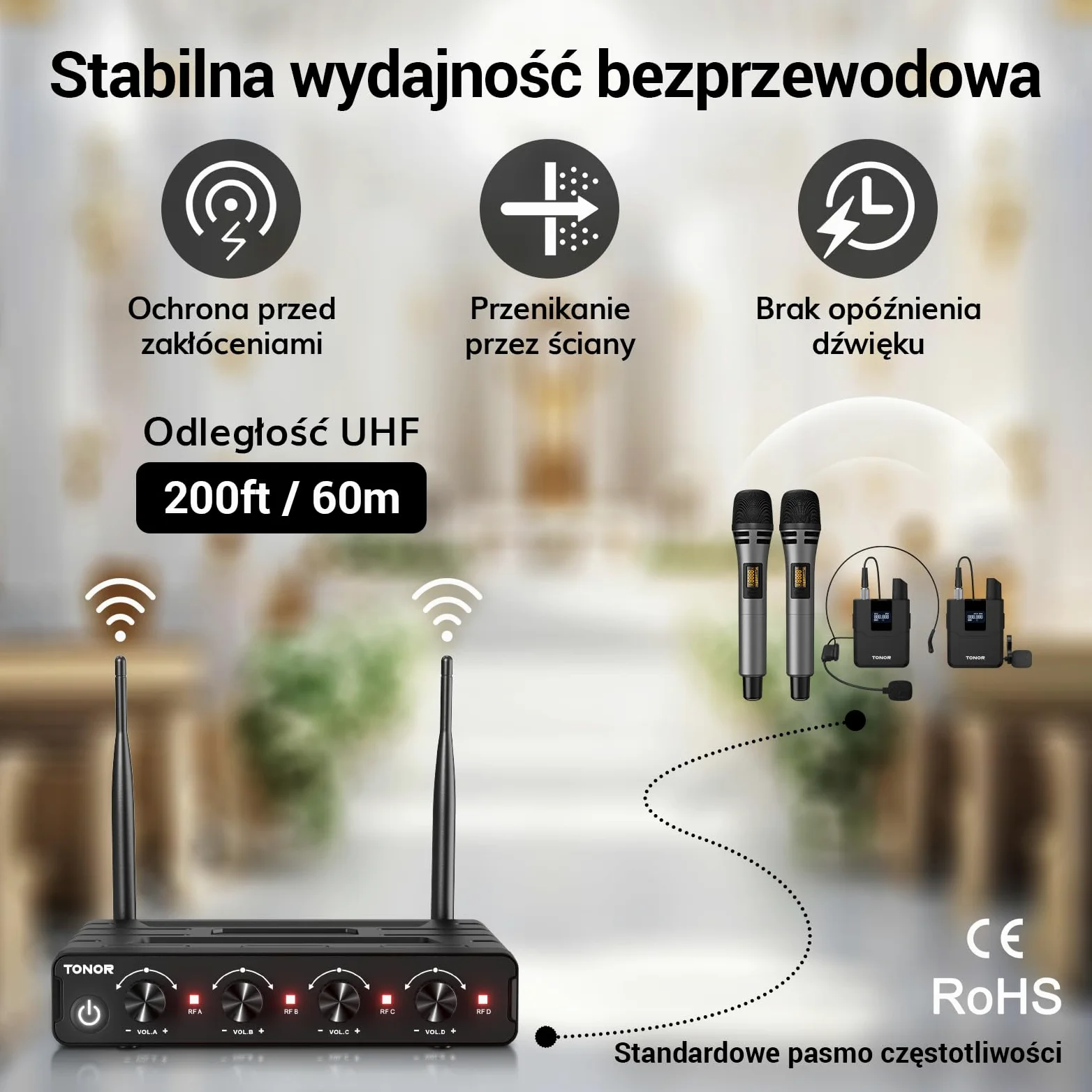 Bezprzewodowy zestaw mikrofonowy TONOR UHF z mikrofonem ręcznym/nadajnikiem typu bodypack/bezprzewodowym mikrofonem typu lavalier, 4 x 5 częstotliwości, zasięg 60 m Karaoke TW362