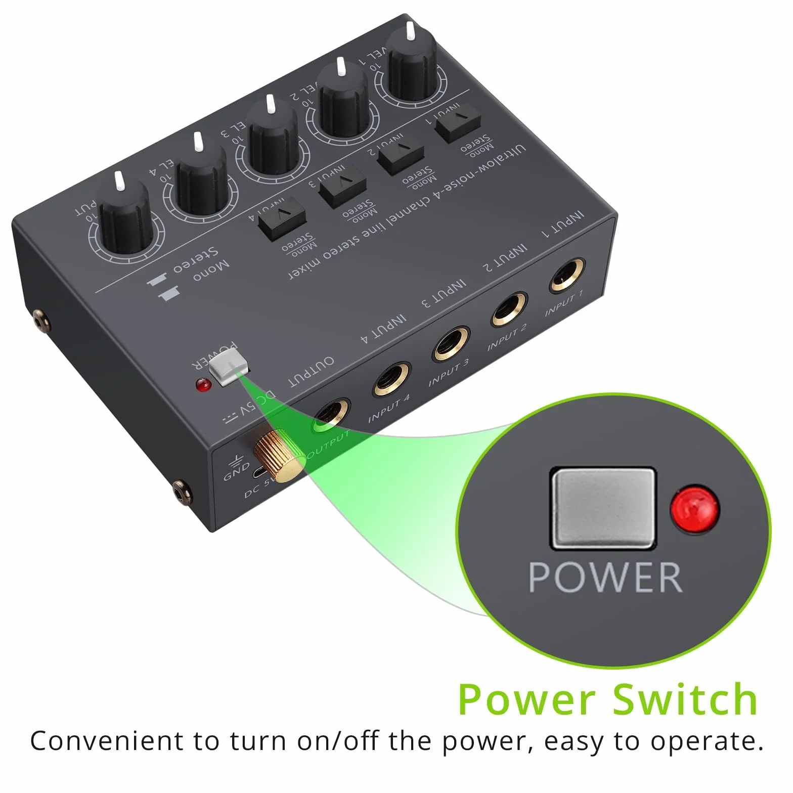 LiNKFOR 4 kanałowy ultrakompaktowy mikser audio stereo z niezależną regulacją głośności do mikserów, DC 5V Type-C mini-mikser audio z zasilaczem i kablem audio - ultra niski poziom hałasu.