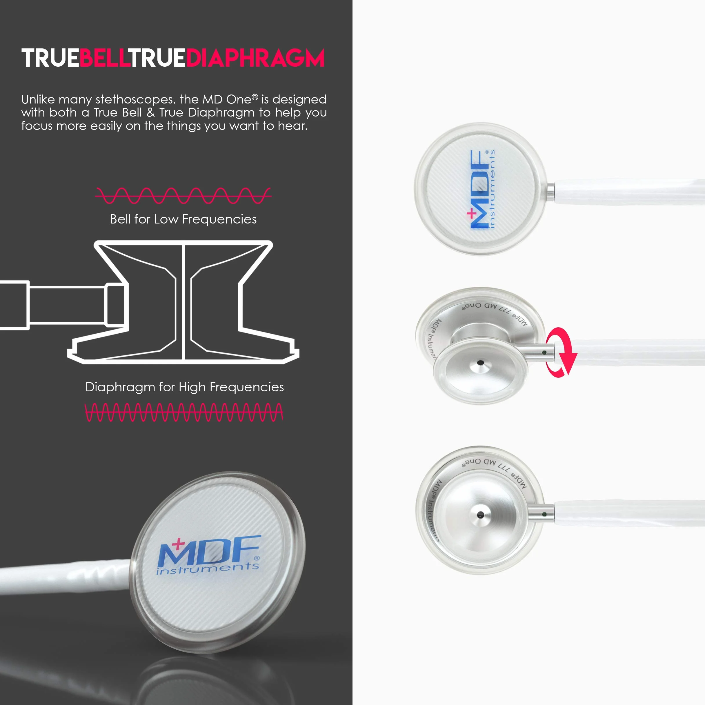 MDF® MD One® - stetoskop premium z dwoma głowicami ze stali nierdzewnej - gratis Parts-for-Life & dożywotnia gwarancja -biały (MDF777-29)
