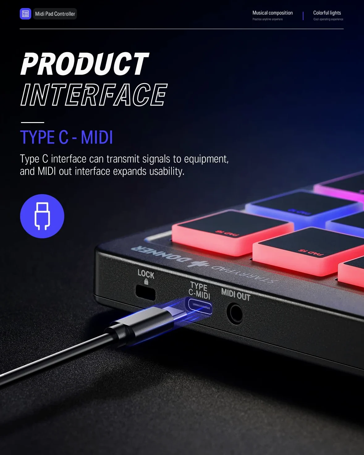 Donner Klawiatura kontrolera MIDI Pad USB typu C, profesjonalna bateria z 16 buforami, wyjście MIDI, 2 suwaki i przypisywalne przyciski (Starrypad Mini, czarny)