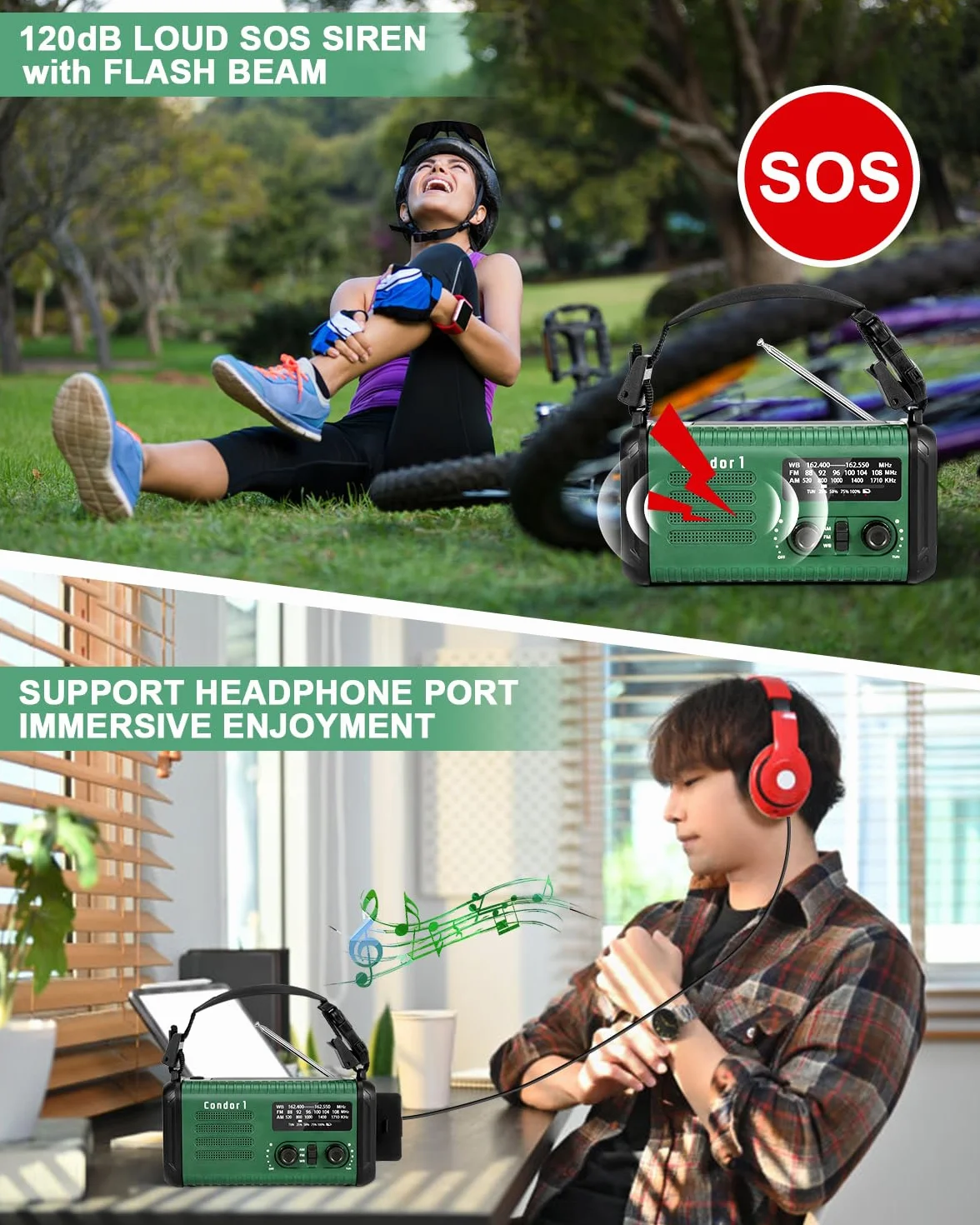 Radio korbowe awaryjne, 20000 mAh / 74000 mWh solarne radio pogodowe z korbą ręczną z NOAA/AM/FM, radio zasilane bateriami z ładowarką do telefonu komórkowego, lampą do czytania, latarką i SOS w