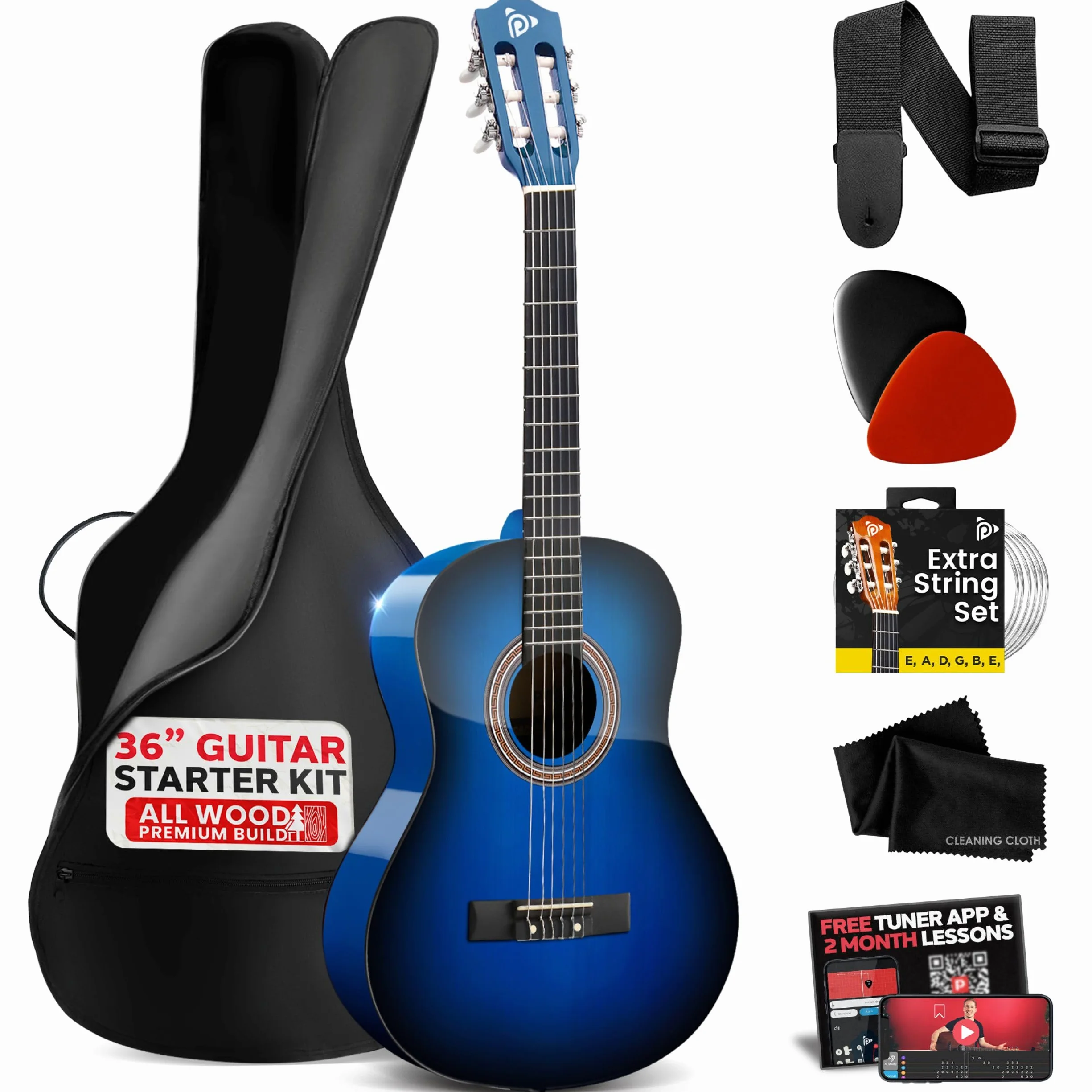 Pyle Zestaw gitary akustycznej 3/4, niebieski, gitara akustyczna, zestaw dla początkujących, praworęczny