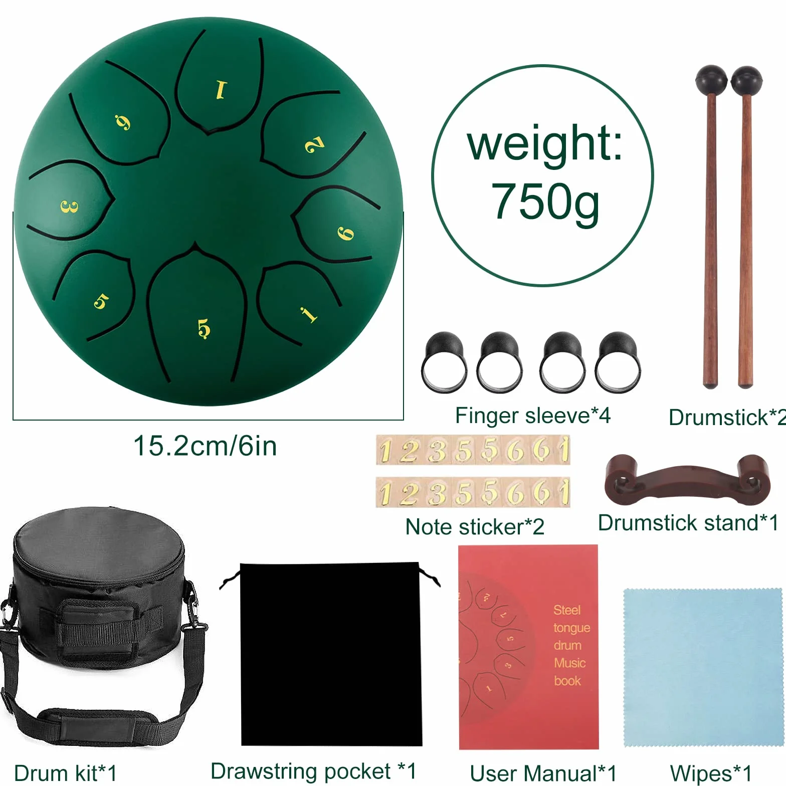 Stalowy bęben językowy, bęben językowy 8 nut 6 cali bęben tarczowy stalowy język perkusista bęben stalowych języków instrument perkusyjny hand pan drum z pudełkiem na akcesoria, torbą, kostką do gry