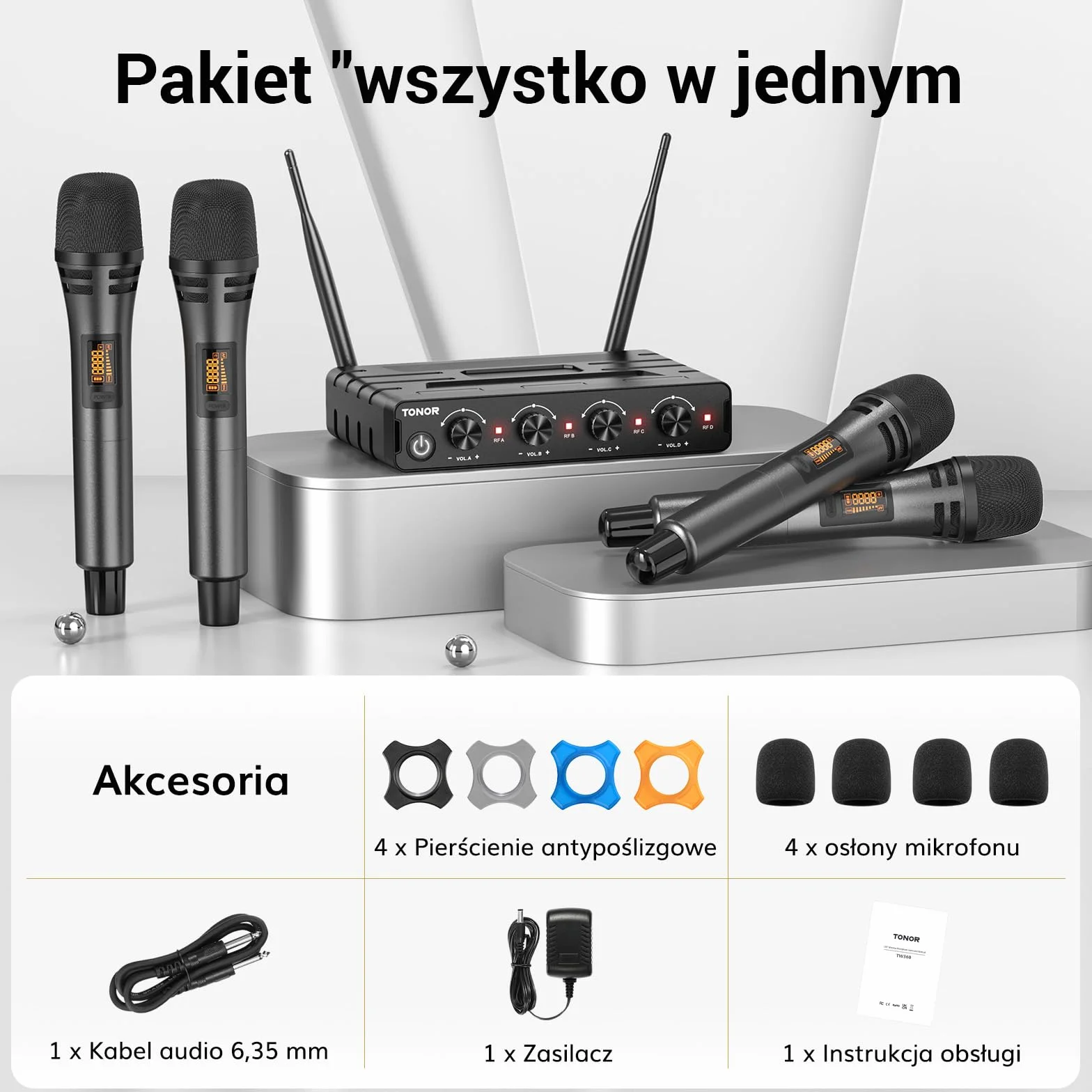TONOR Bezprzewodowy System Mikrofonów 4x5-kanałowy Ręczny Mikrofon Dynamiczny z Odbiornikiem UHF 60M