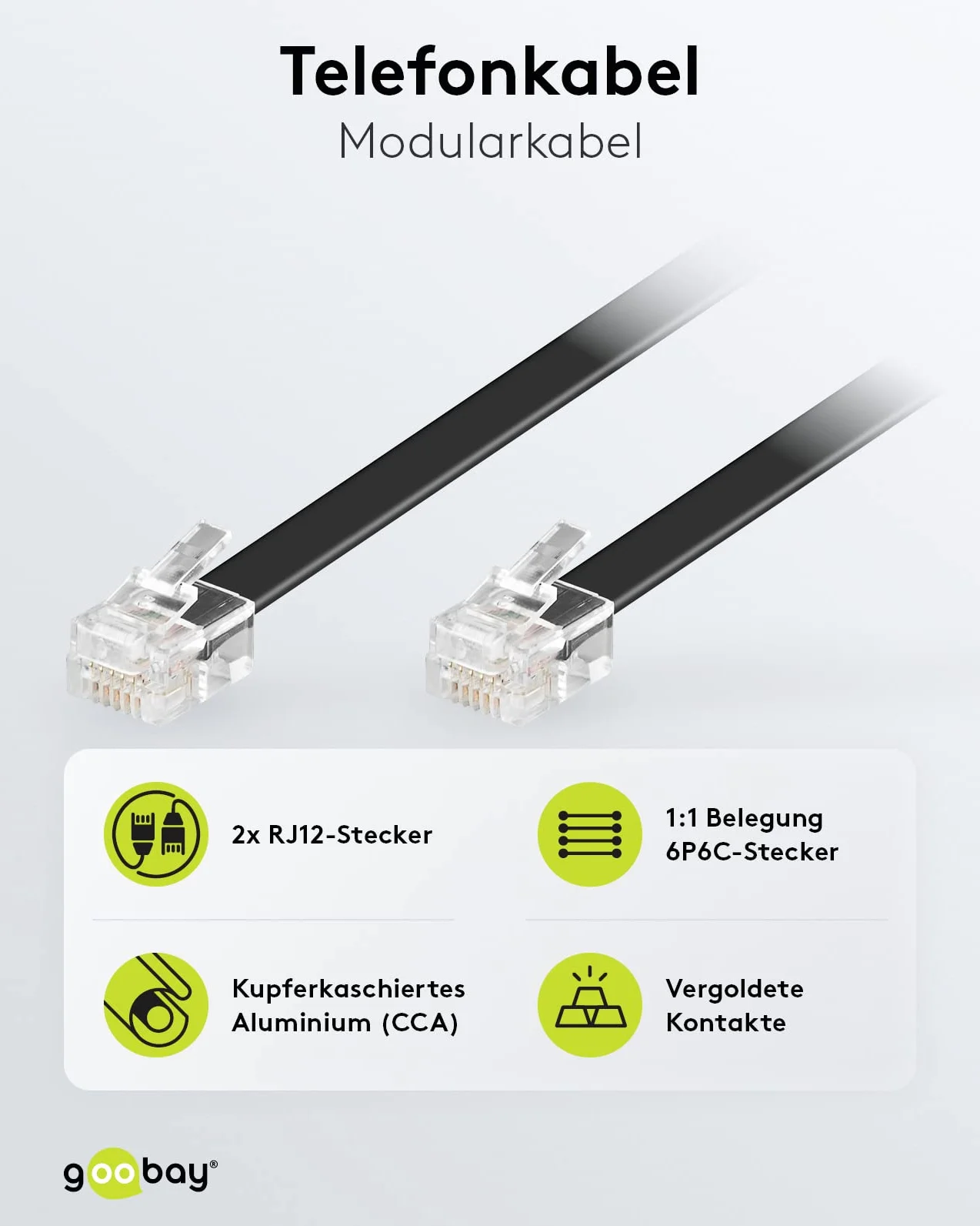 Goobay 50321 Modułowy kabel przyłączeniowy 3 metry, czarny - wtyczka RJ12 (6P6C) na wtyczkę RJ12 (6P6C)
