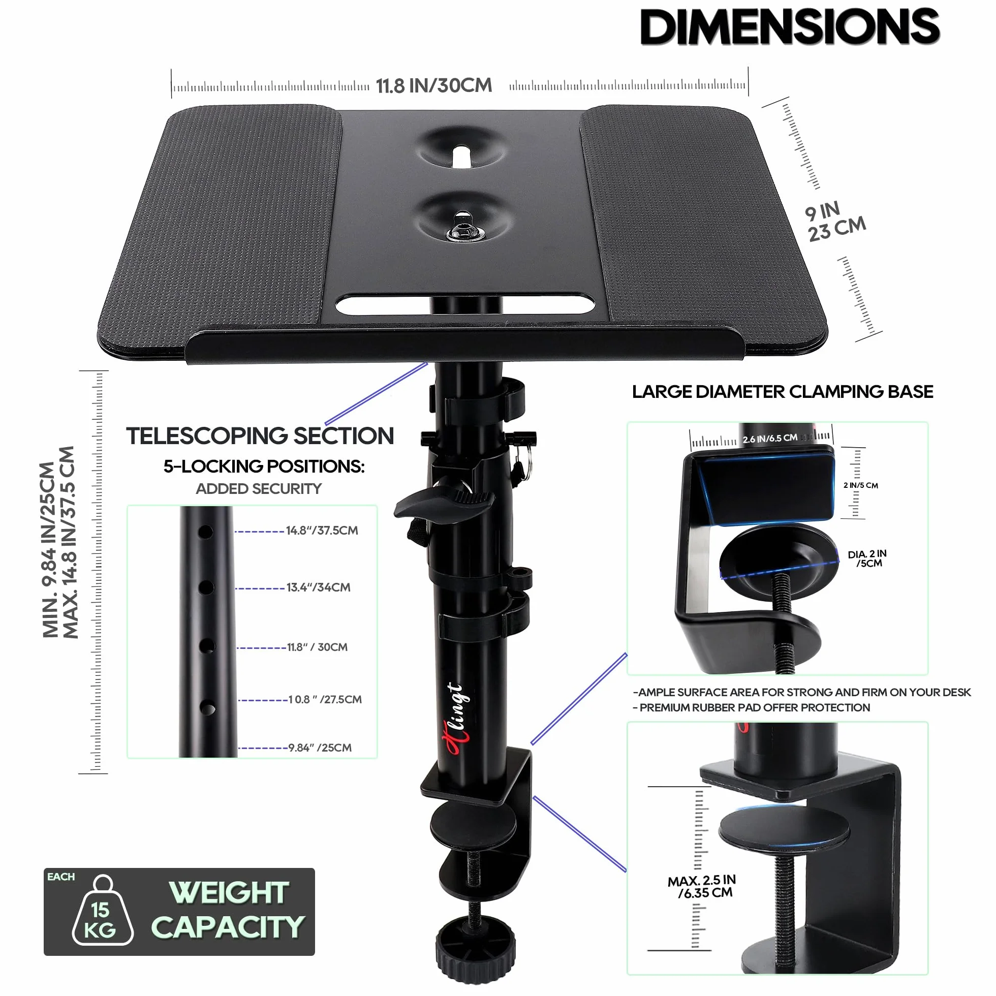 Deluxe stojak na monitor studyjny, stojak na głośniki biurkowe (2-pak) - wytrzymała metalowa taca 30 x 23 cm, kąt nachylenia od -10° do +10°, idealny do monitorów studyjnych, głośników