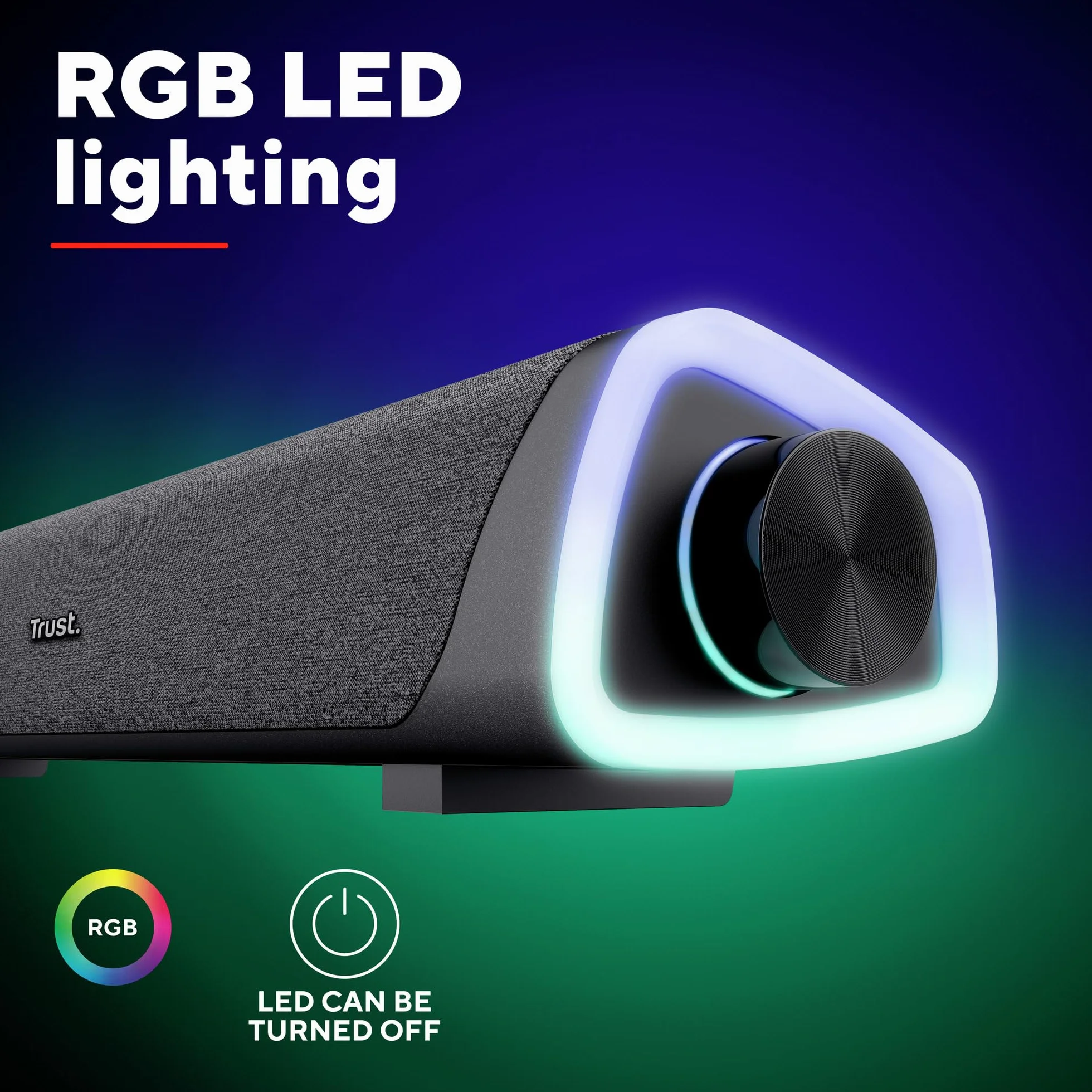 Trust Liro Soundbar do Komputera i Laptopa, Kompaktowy Głośnik Stereo LED RGB Zasilany przez USB, Moc Szczytowa 12W, Połączenie Audio Jack 3,5 mm, Podświetlane Głośniki PC, Czarny