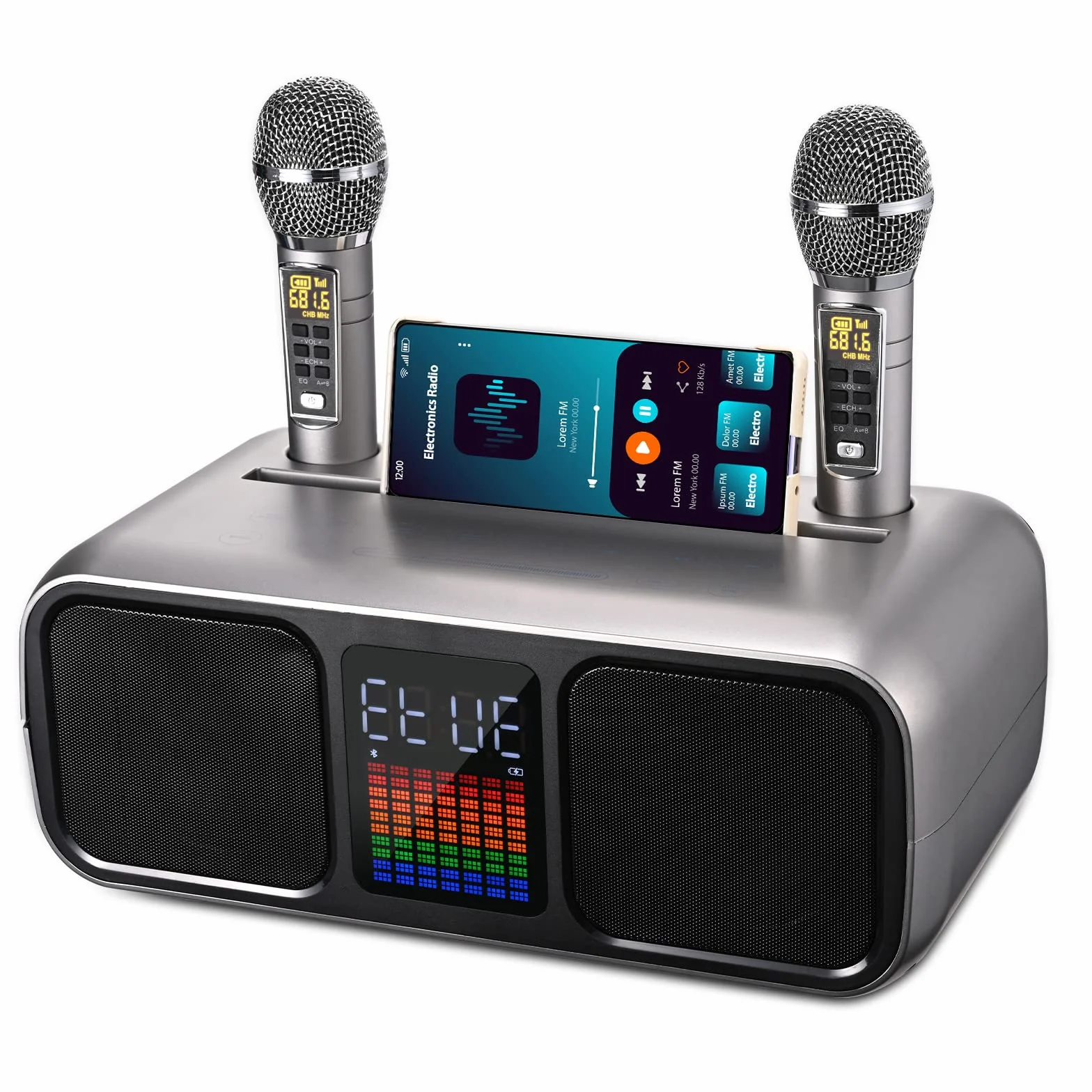 Zestaw do karaoke Party Speaker z 2 bezprzewodowymi mikrofonami, głośnik do karaoke Bluetooth z ekranem dotykowym, diodami LED i podstawkami na telefon, głośnik do karaoke dla dzieci z /USB