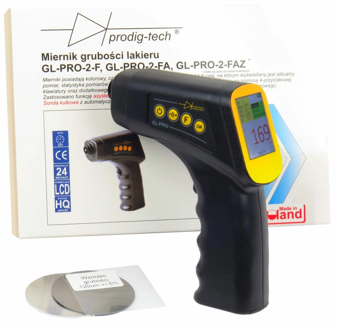 Miernik grubości lakieru GL-PRO-2-F (PL/EN/DE) | Sonda wbudowana kulista, sprężysta - pomiar na krzywiznach | Duży kolorowy LCD | Grubościomierz lakieru samochodowego | Tester lakieru. | Miernik grubości farby na samochodzie. | Stal, stal ocynkowana | Asy