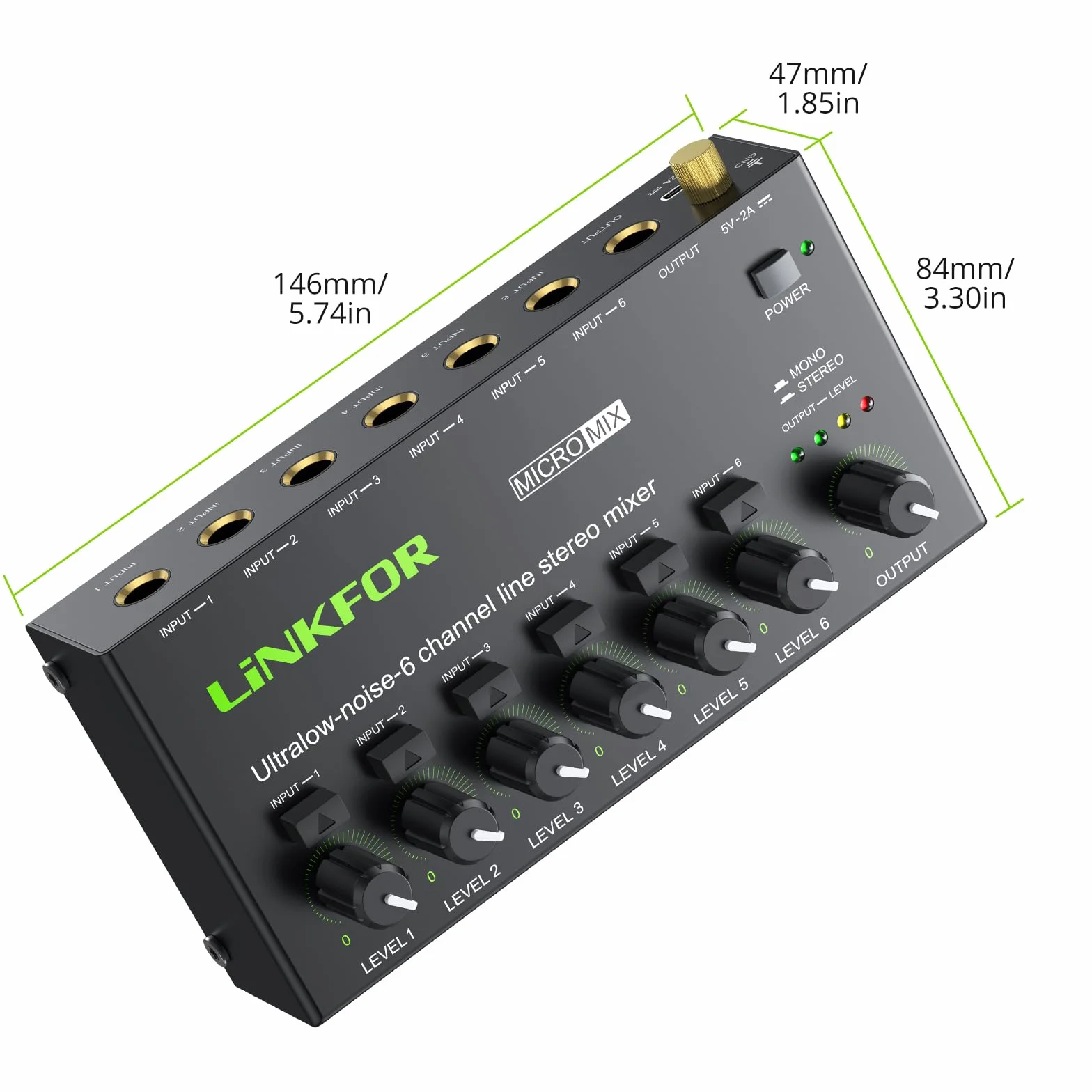 LiNKFOR 6-kanałowy mini mikser audio stereo przełącznik stereo / monofoniczny mikser audio 6 x 1 z kablem audio 6,35 mm, niezależna regulacja głośności do miksowania w klubie barowym