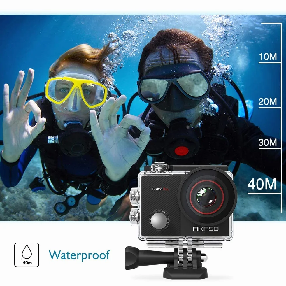AKASO EK7000 Pro kamera sportowa 4K, ekran dotykowy, regulowany kąt widzenia, 40 m, wodoodporna kamera podwodna, pilot zdalnego sterowania, kask z zestawem akcesoriów