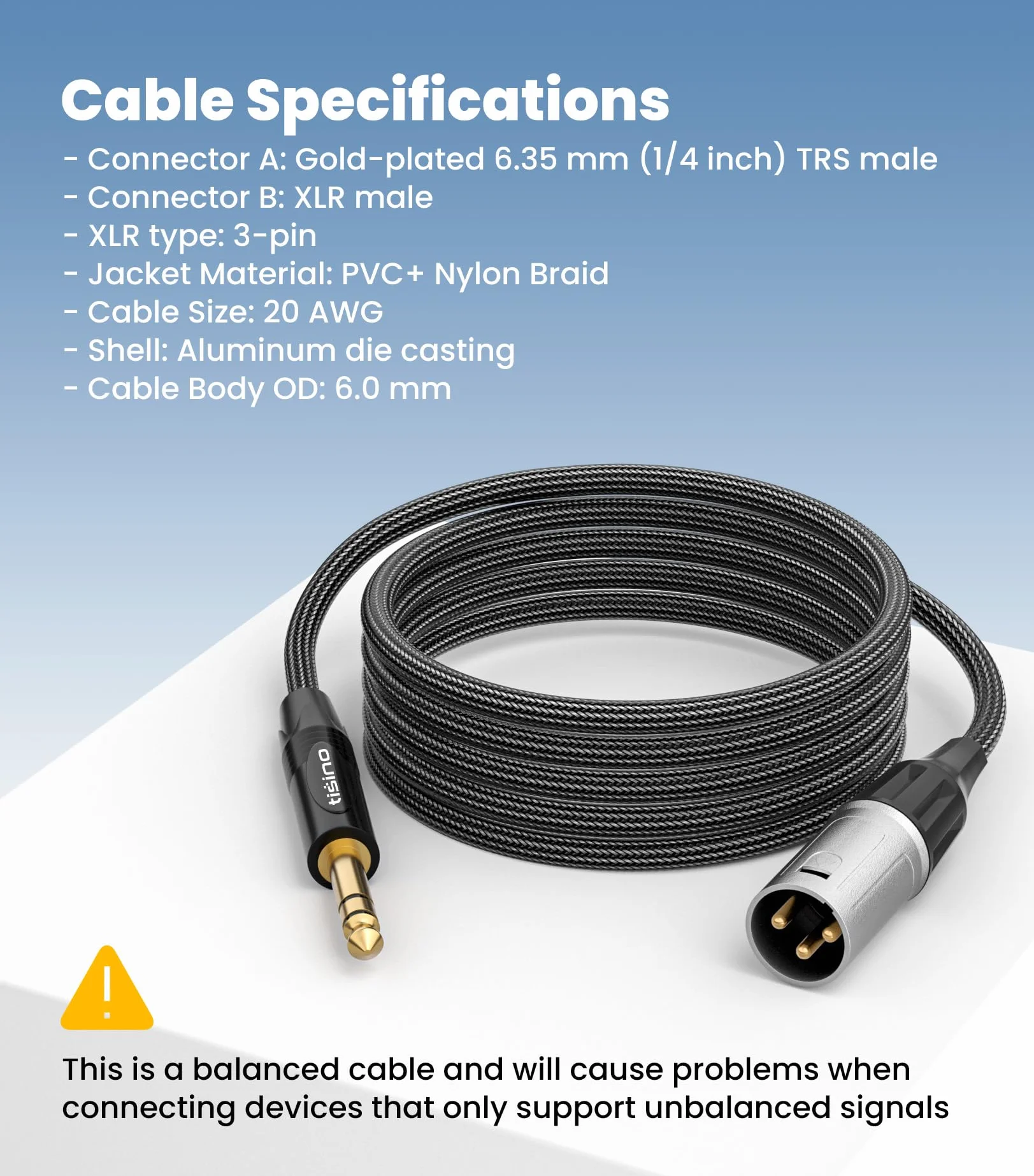 Tisino Kabel 6,35 mm TRS na XLR męski, zbalansowany kabel audio, 20 AWG OFC ekranowany, pozłacane złącza, nylonowy oplot, do miksera, głośnika aktywnego, wzmacniacza i sprzętu audio-3m