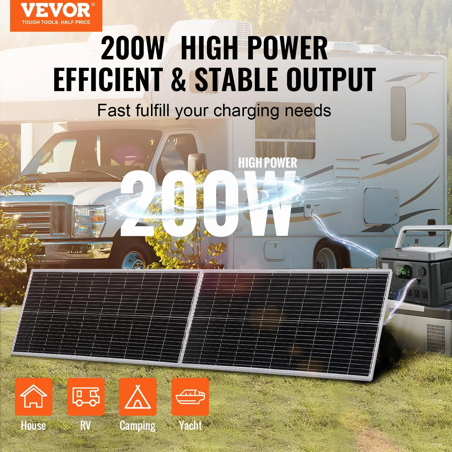 VEVOR Panel słoneczny 200 W, zestaw 2 sztuk, monokrystaliczny moduł solarny 12 V, regulator ładowania, instalacja solarna 16,66 A, współczynnik konwersji 23%, kompatybilny z bateriami AGM, żelowymi,