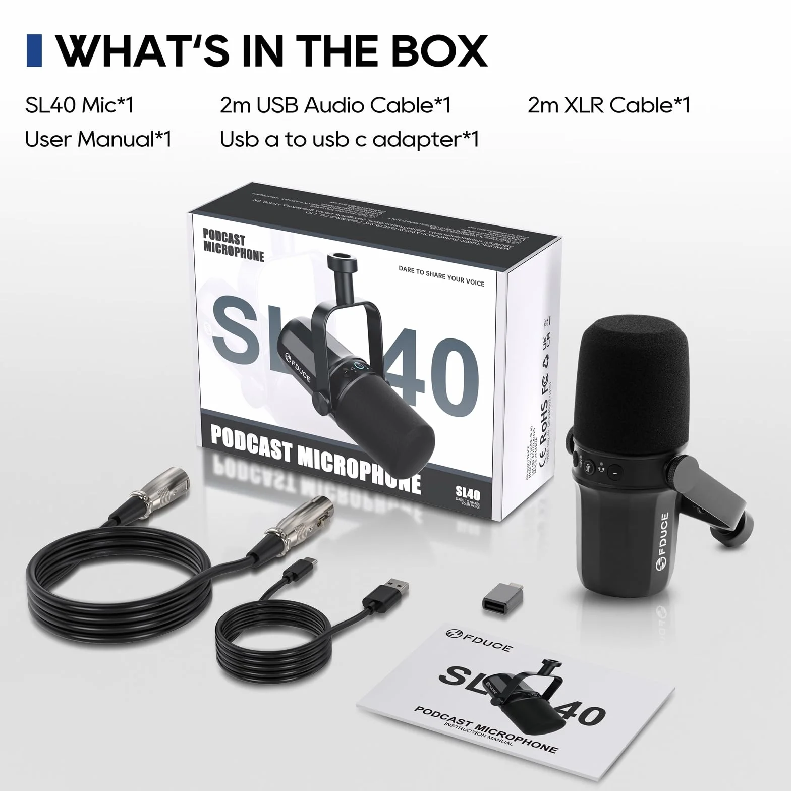 FDUCE SL40 Vocal Dynamic Podcast Microphone for Podcasting, Gaming, Live Streaming & Recording, Built-in Headphone Output, LED Mute Button, All Metal USB/XLR Cardioid Mic, Voice-Isolating Technology