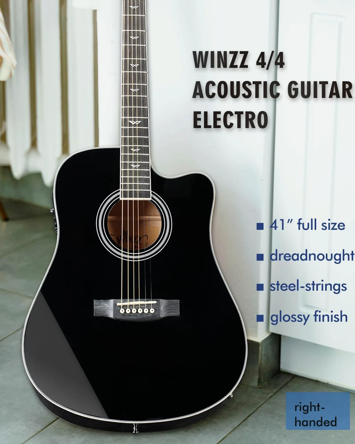 Winzz Elektryczna gitara akustyczna Western 4/4, dla początkujących, dorosłych i dzieci (praworęczna, czarna, błyszcząca)