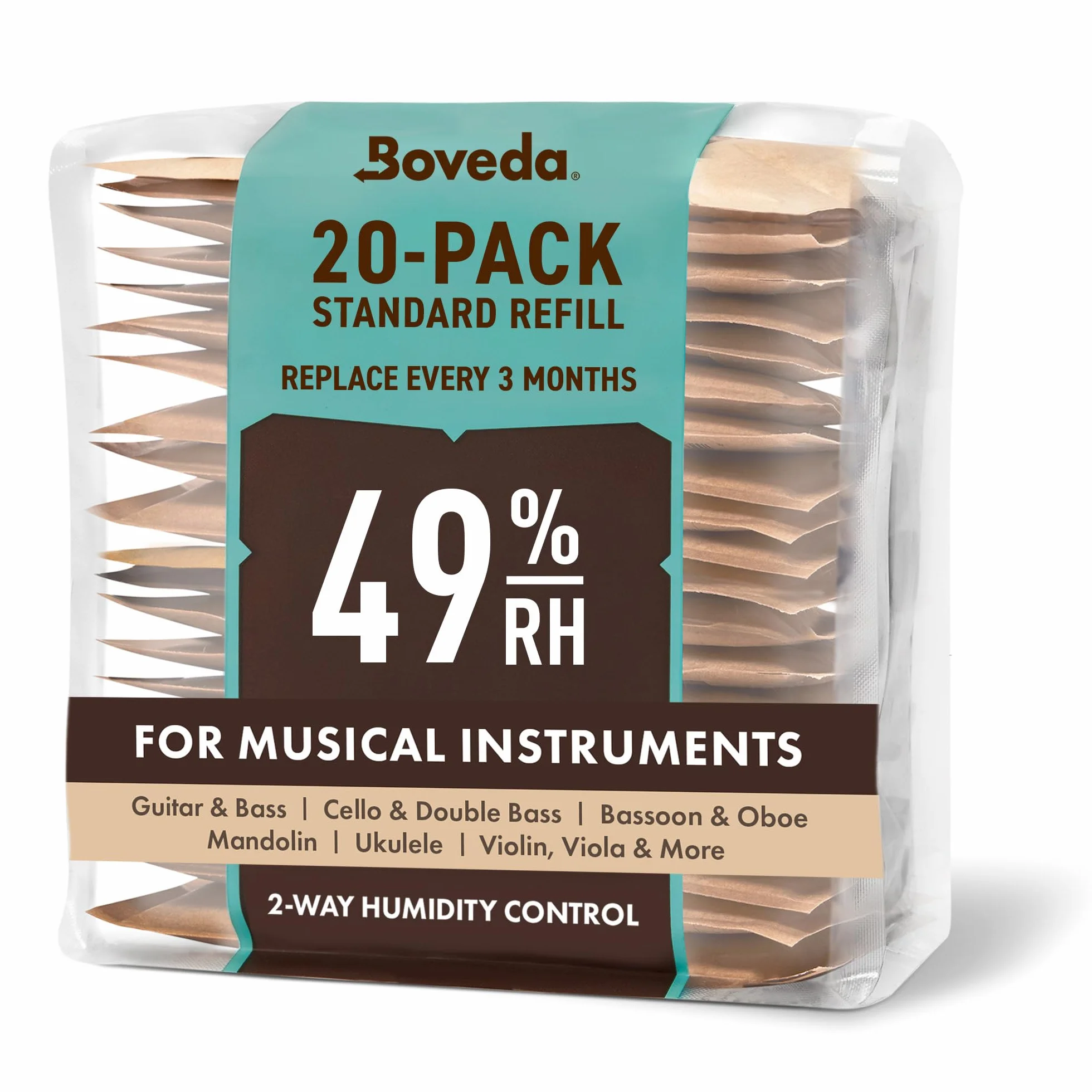 Boveda 49% dwukierunkowe zestawy zastępcze do Boveda zestaw startowy do muzyki, zestaw 20 sztuk, pochłaniacze wilgoci do futerałów na instrumenty, opakowania nawilżające, pakiety nawilżające w