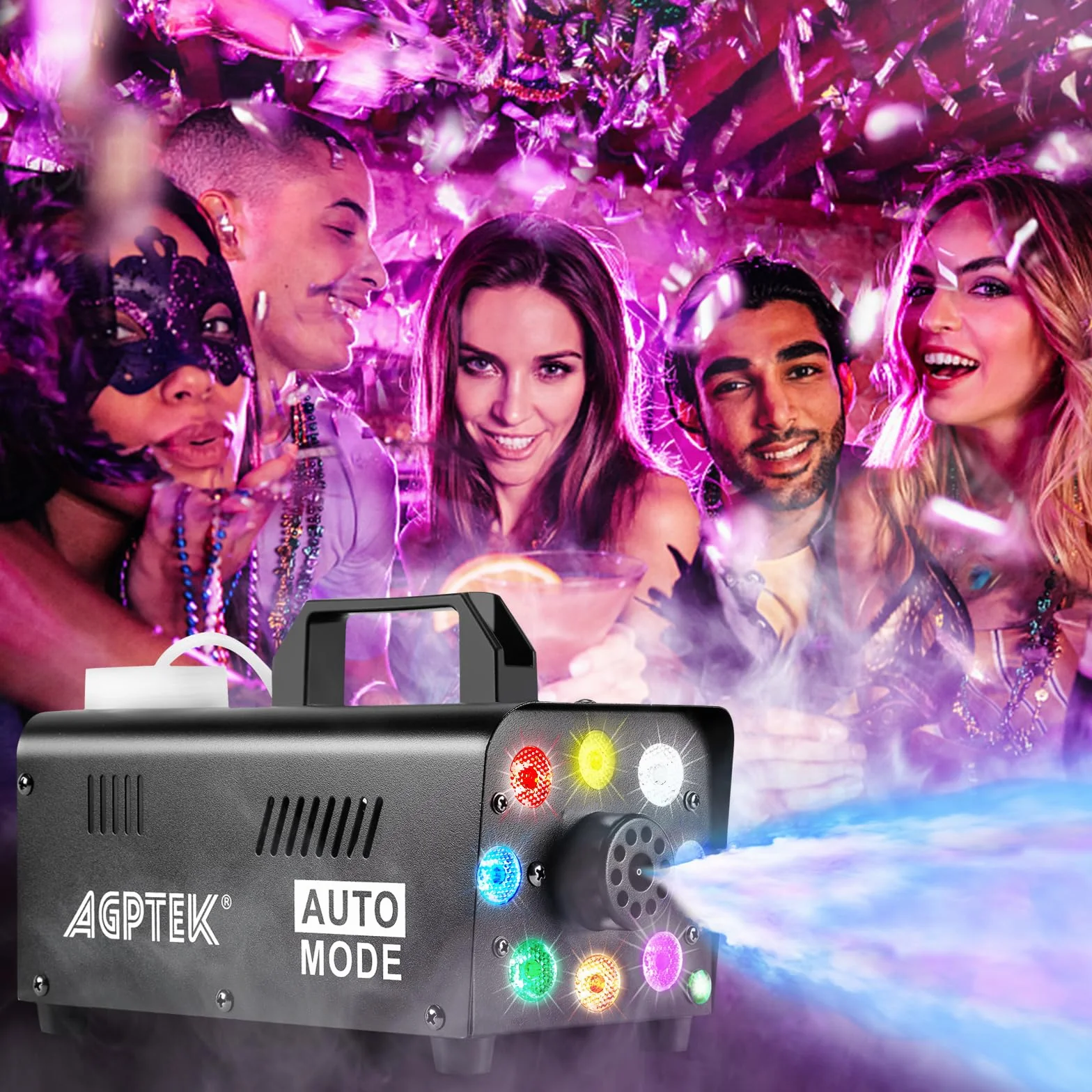 AgptEK maszyna do mgły z bezprzewodowym pilotem zdalnego sterowania i światłem LED, 500 W, stabilna i przenośna, pasuje na Halloween, Boże Narodzenie, wesela, występy sceniczne itp