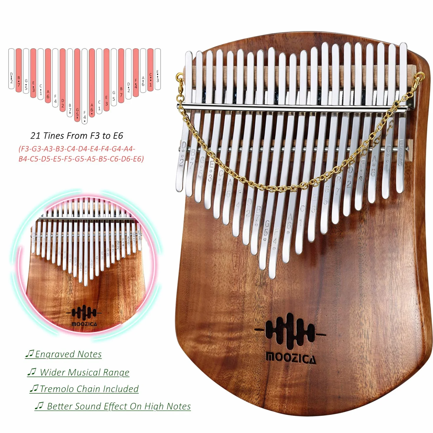 MOOZICA Kalimba pianino kciukowe z 21 klawiszami z litego drewna koa, płaska płyta z litego drewna, profesjonalna kalimba-marimba z instrukcją nauki i torbą do przenoszenia (Akazie-Koa, 21 klawiszy)