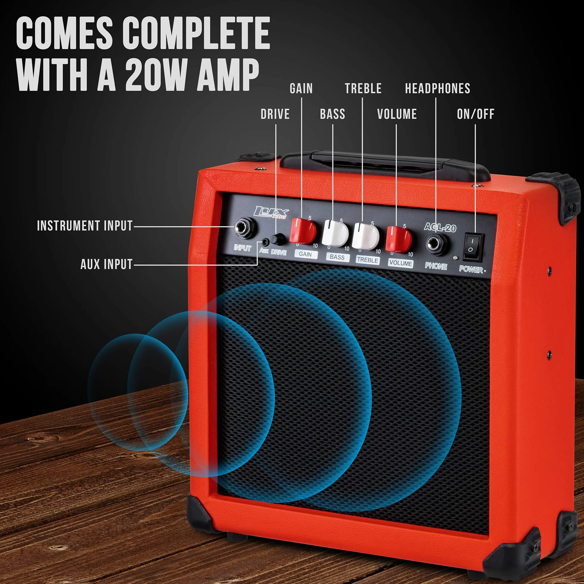 LyxPro Gitara elektryczna 36 cali i zestaw dla dzieci z gitarą dla początkujących, wzmacniaczem, sześcioma strunami, dwoma kostkami, paskiem na ramię, cyfrowym tunerem z klipsem, kablem i miękkim etui