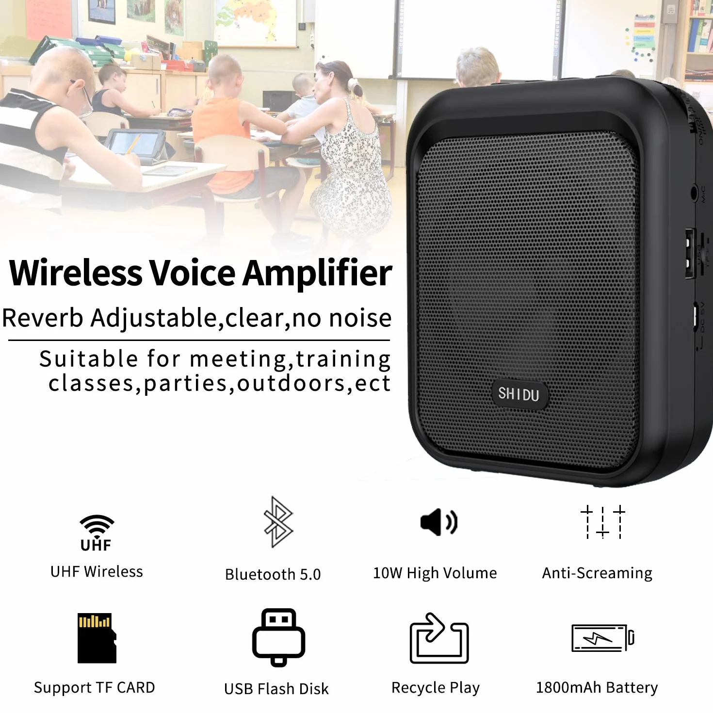 SHIDU mini przenośny głośnik Bluetooth wzmacniacz głosu z bezprzewodowym słuchawkami UHF system nagłośnienia 10W 1800mAh, piosenkarz, taksówkarz kierowca, szkolenie, przewodnik turystyczny