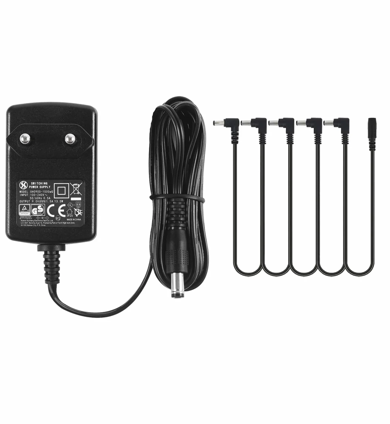 gitarowy 9 V 1,5 A DC adapter zasilający, z 5 przewodami Daisy Chain, do pedałów efektów gitarowych, centralnego negatywu