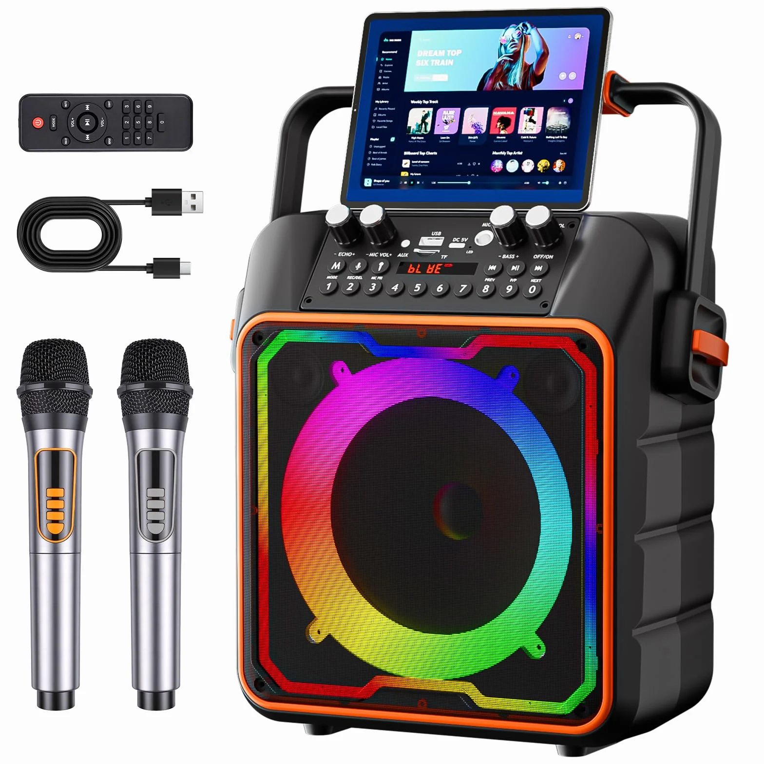 urządzenie do karaoke z 2 mikrofonami dla dorosłych i dzieci, Bluetooth głośnik z przedwzmacniaczem dla mikrofonów, przenośna instalacja do karaoke Bluetooth, box na imprezę do karaoke