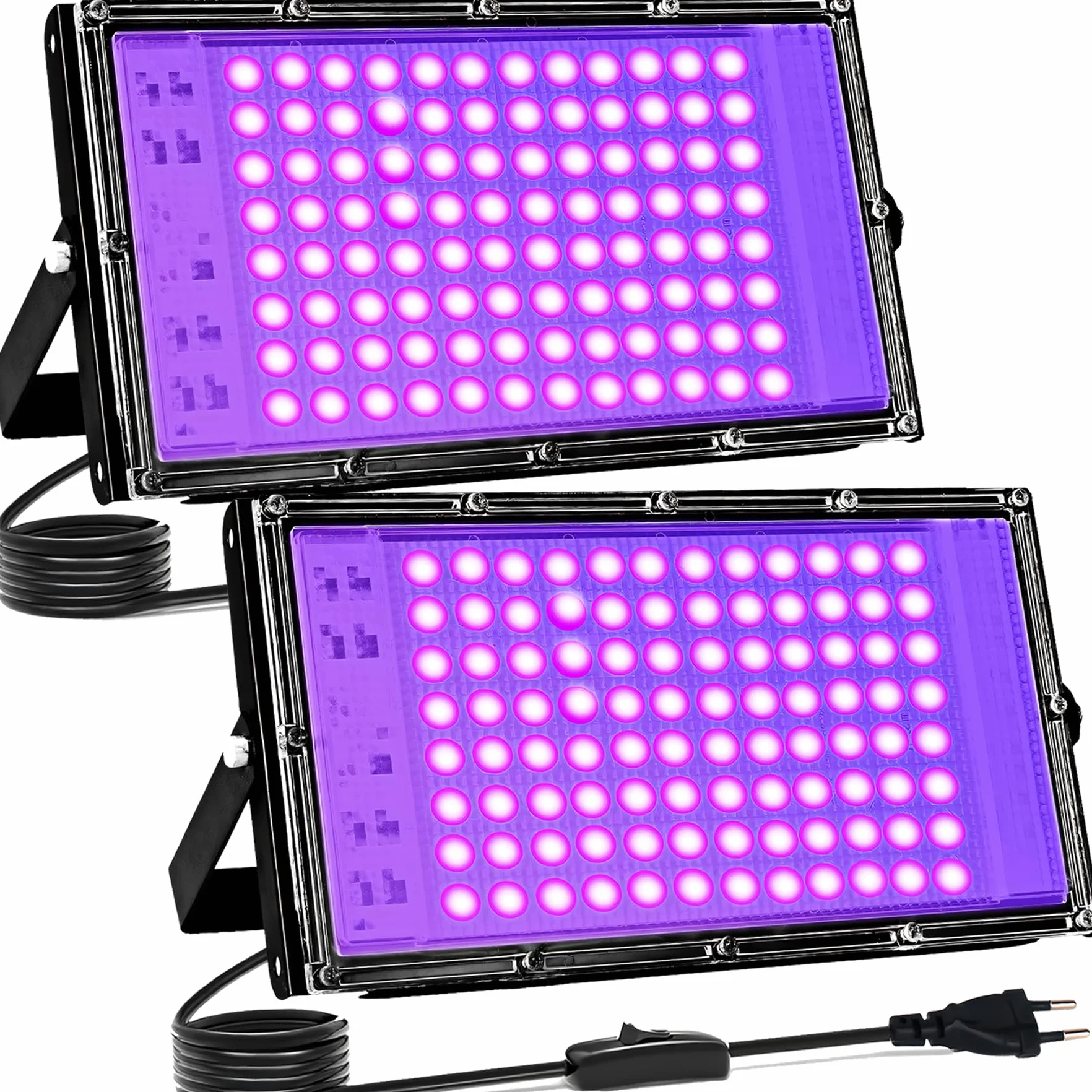 Reflektory czarne światło 100W, 2PCS lampa UV czarna z wyłącznikiem, 395-400 nm, wodoodporność IP65 reflektor UV imprezowy reflektor na bar akwarium Halloween kolory neonowe efekty fluorescencyjne