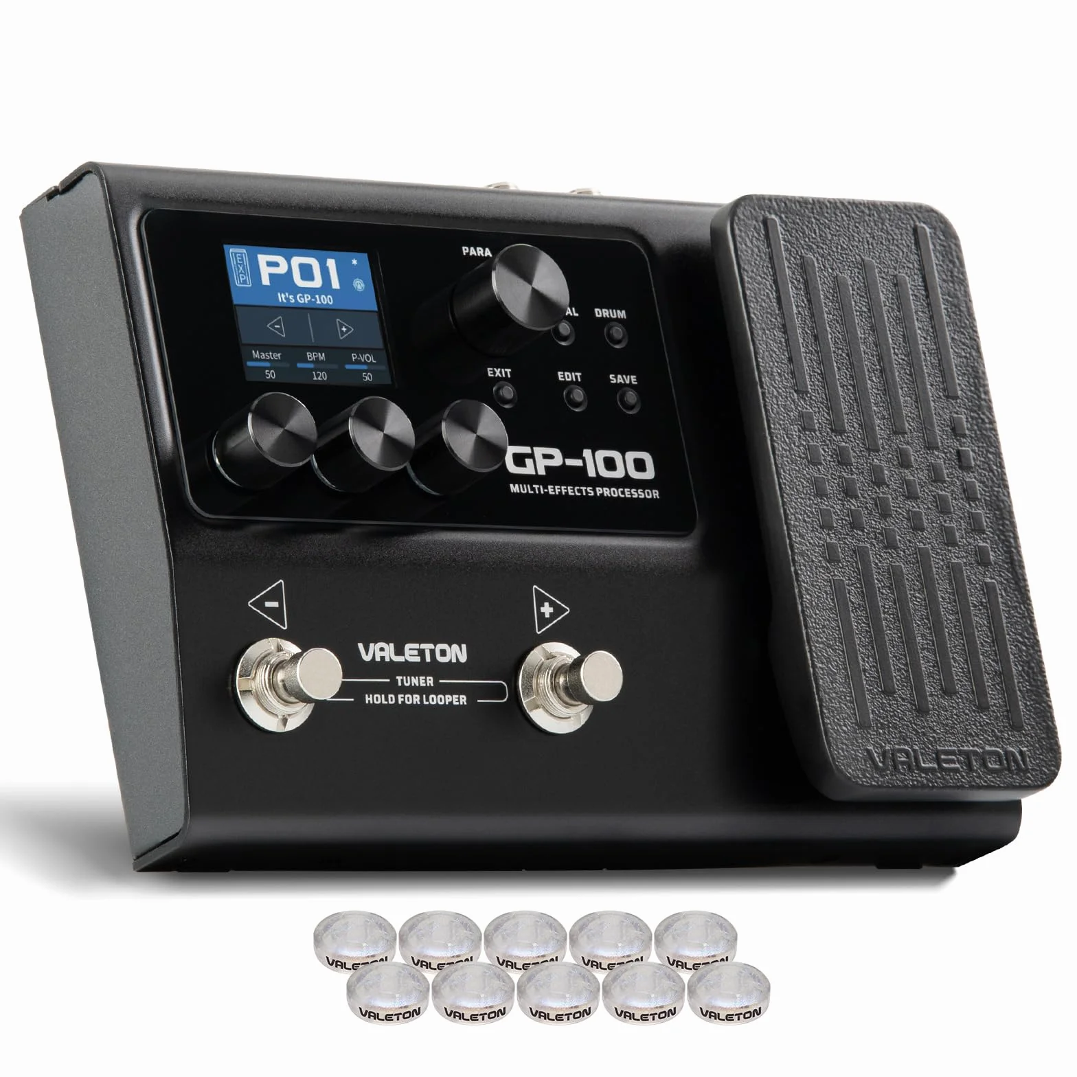 VALETON efektów basowych z wieloma efektami, procesor z pedałem Expression 140 wbudowanych efektów, 198 presetów, Looper Amp Modeling Drum GP-100 + Footswitch Toppers