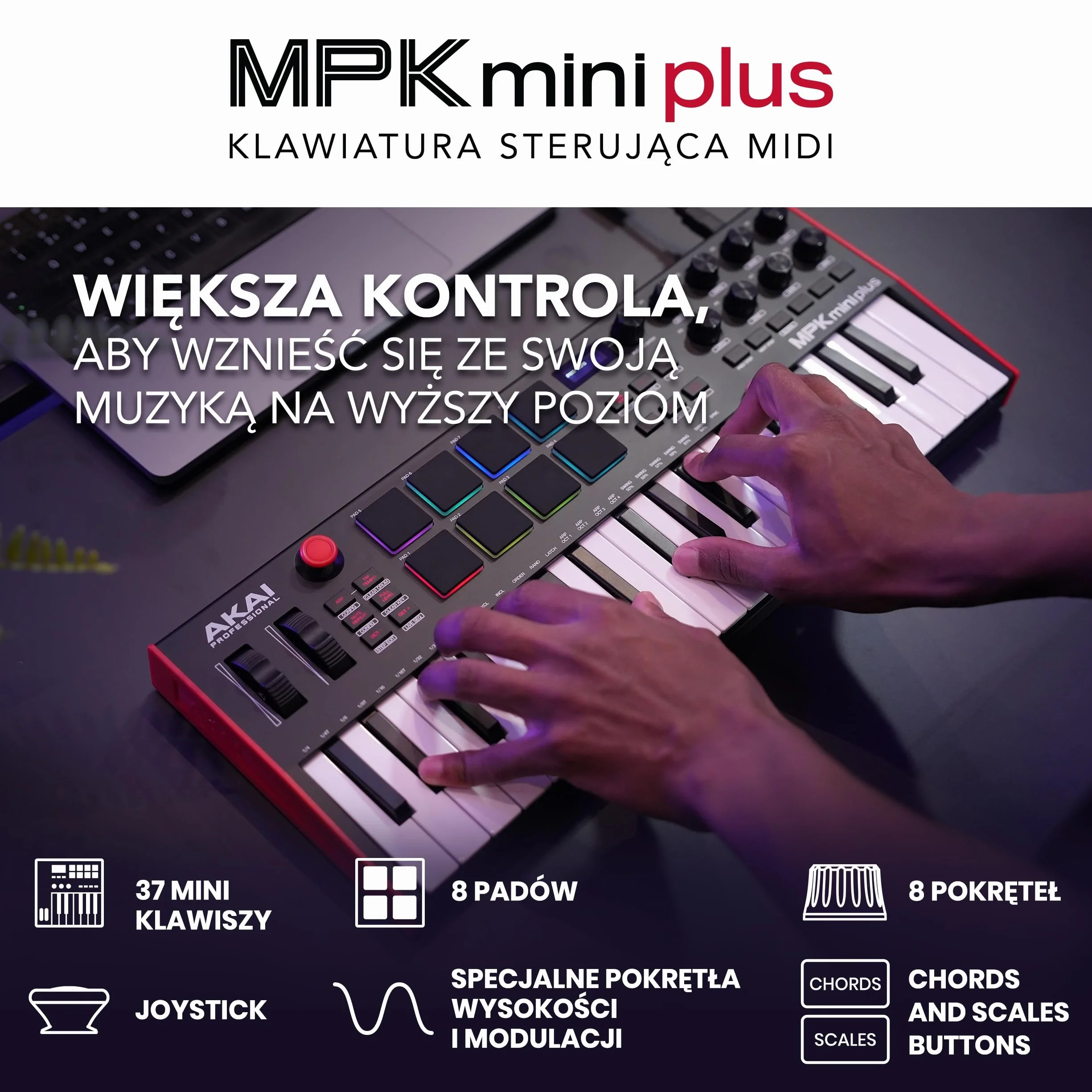 Akai Professional MPK Mini Plus – klawiatura sterująca USB MIDI z 37 miniklawiszami, 8 padami MPC, sekwencerem, MIDI/CV/Gate I/O, programem do produkcji muzyki oraz pakietem Native Instruments