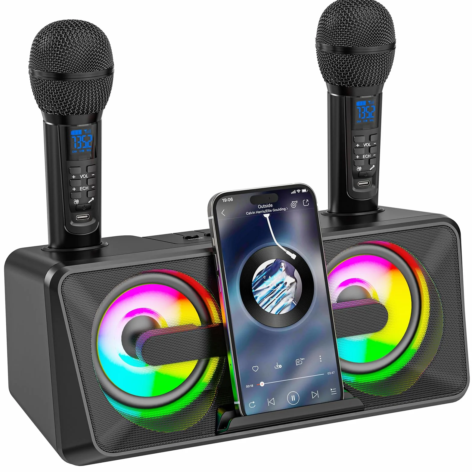 Maszyna do karaoke dla dorosłych i dzieci, 2 mikrofony UHF, głośniki Bluetooth, system PA z lampami, uchwyt na telefon, idealna na imprezę, piknik,