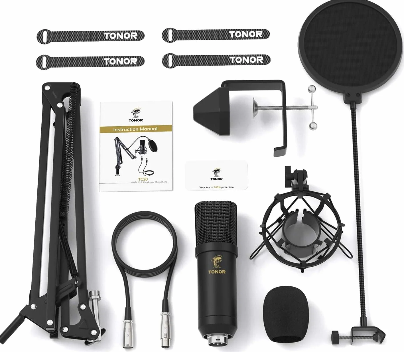 TONOR XLR mikrofon kondensatorowy kardioidalny zestaw z ramieniem T20, uchwyt wstrząsowy do nagrywania, studia, YouTube
