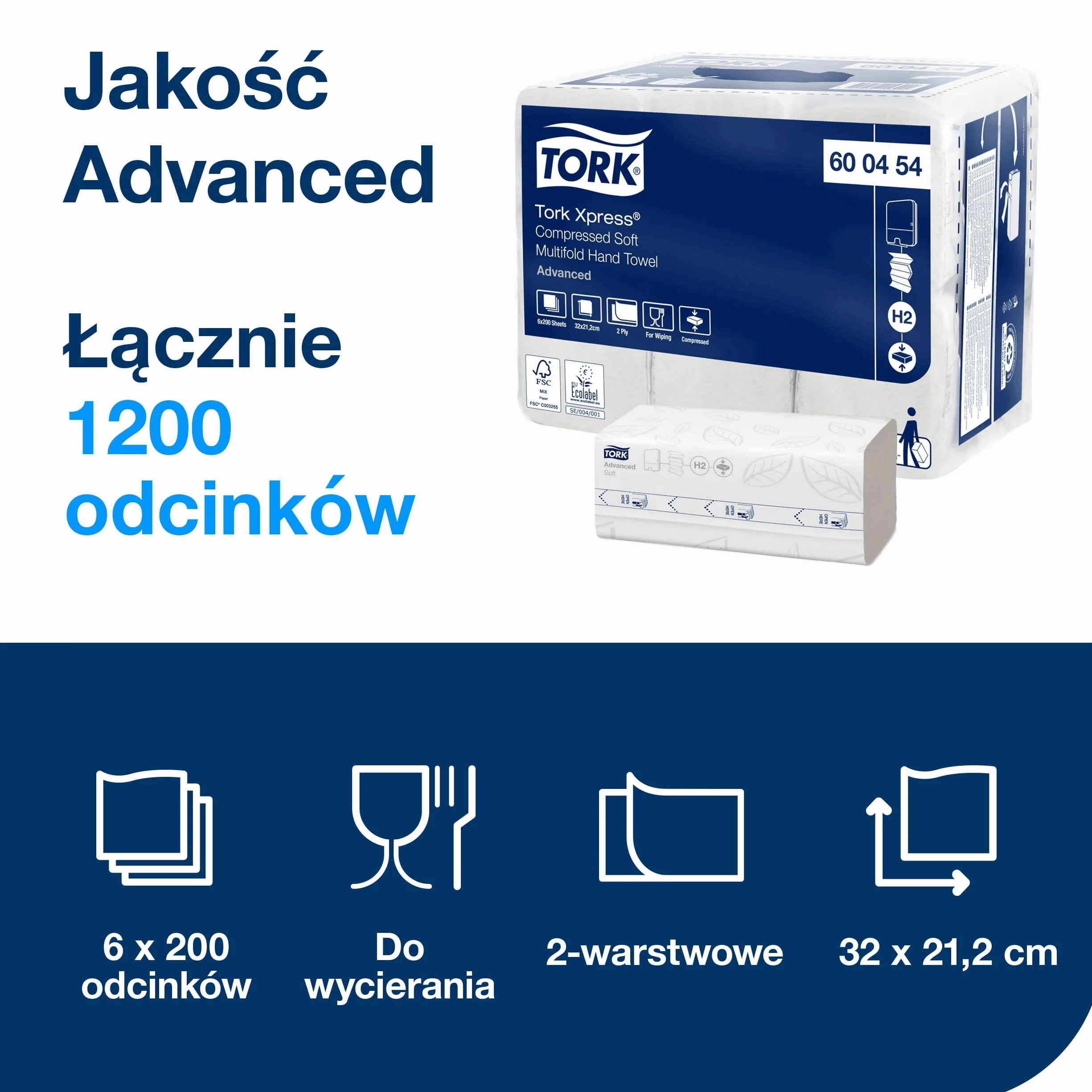 Tork Xpress Miękkie, Składane Ręczniki do Rąk, Białe, H2, Zaawansowane, 2-Warstwowe, Składane w M, Duże, 6 x 200 Arkuszy, 600454