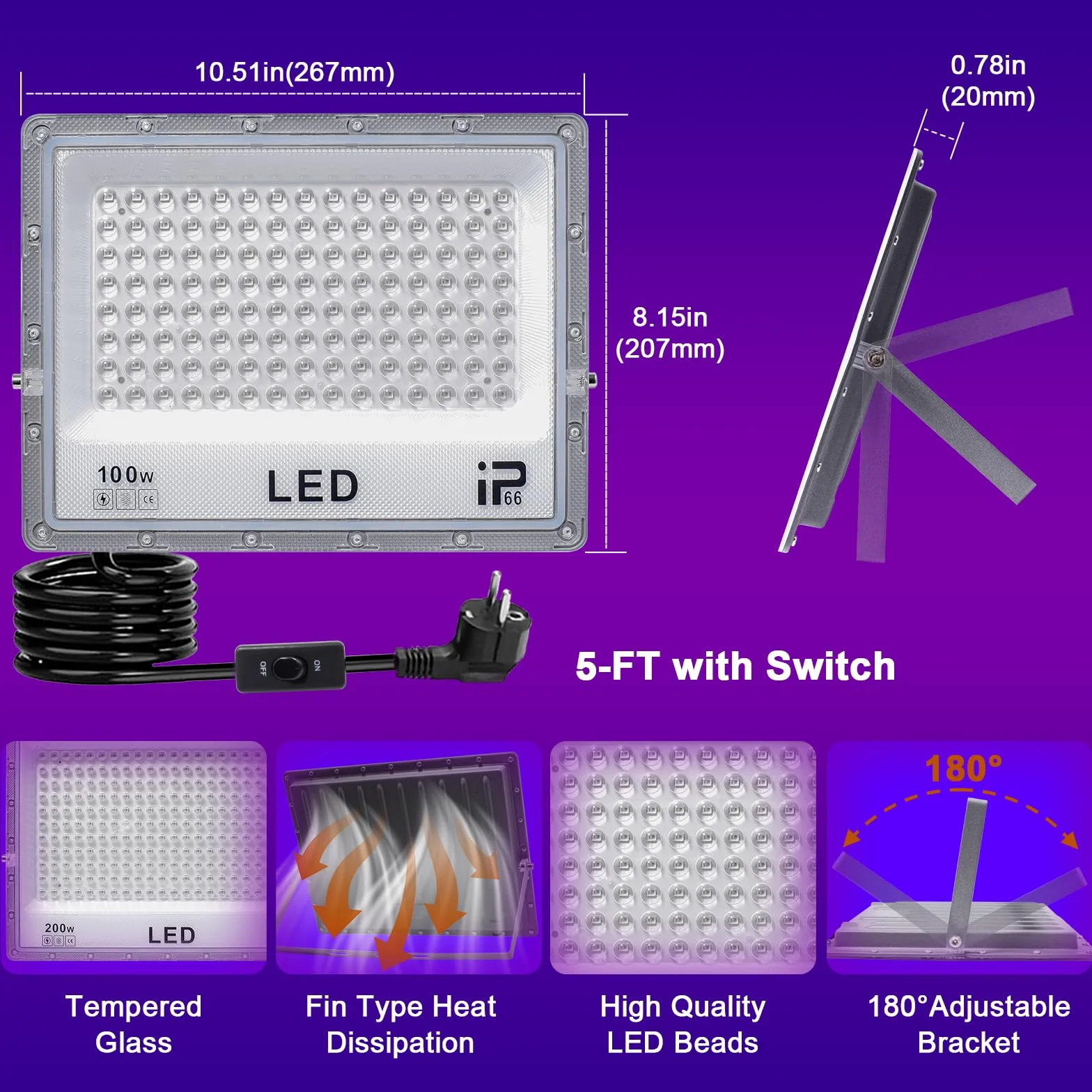 Reflektor z czarnym światłem, 100 W, czarne światło, LED z wtyczką, 395-405 nm, IP65, wodoszczelny reflektor UV