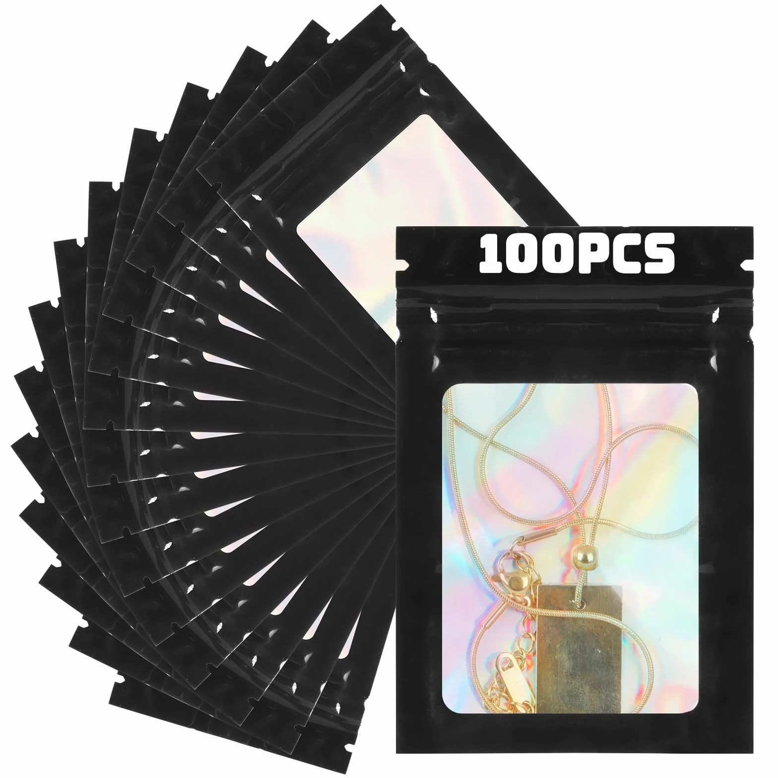 KOMABLEN Mylar Bags, 100 sztuk czarnych woreczków Mylar, 7 x 10 cm, plastikowe torebki wielokrotnego zamykania, torebki strunowe z przezroczystym okienkiem, torby na biżuterię, słodycze