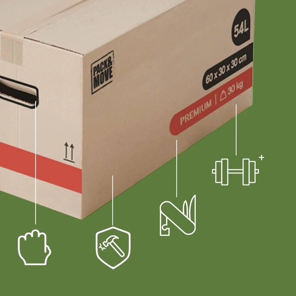 Pack And Move - Zestaw 40 kartonów przeprowadzkowych premium - 60 x 30 x 30 cm - ekstremalna wytrzymałość 25 kg - wielokrotnego użytku - podwójna grubość - wzmocnione uchwyty - 2 naklejki w zestawie