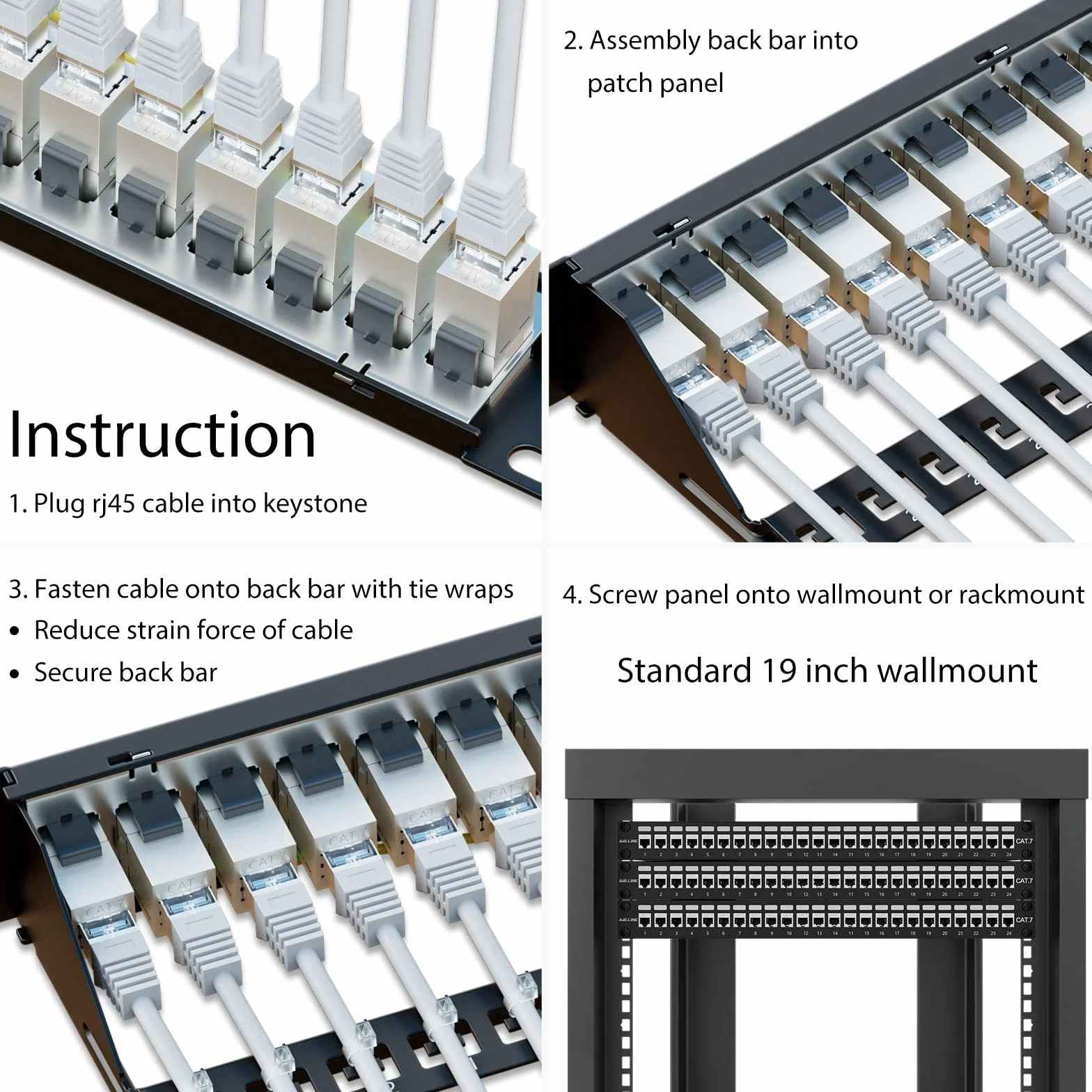 iwillink Panel krosowy Cat7 10 Gb/s, 24 porty, RJ45 łącznik przelotowy 1U, ekranowany panel krosowy STP 48 cm z tylnym drążkiem, montażem ściennym lub stojakiem, kompatybilny z Cat7, Cat6A, Cat6