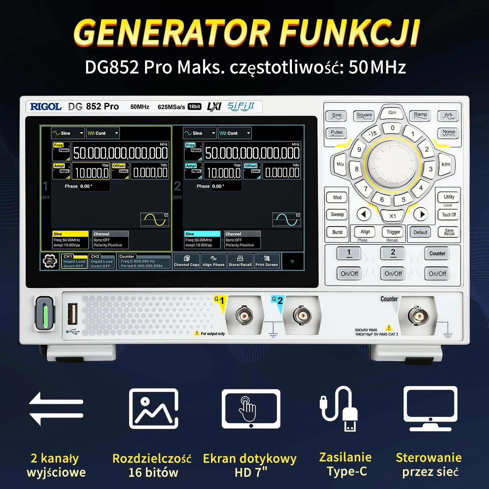 RIGOL DG852 Pro Generator Funkcji/Fal Arbitrarnych, Przenośny, 50 MHz, 625 Msa/s, 16 bitów, 2 Kanały Wyjściowe, Obsługuje Zasilanie z Power Banku