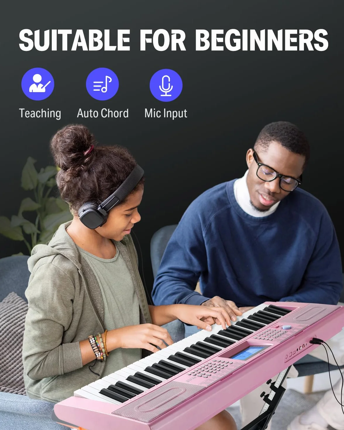 Donner Keyboard Piano 61 klawiszy, elektryczny zestaw keyboard z 249 głosami, 249 rytmami – w zestawie stojak na fortepian, taboret, mikrofon, prezent dla początkujących, różowy (DEK-610S)