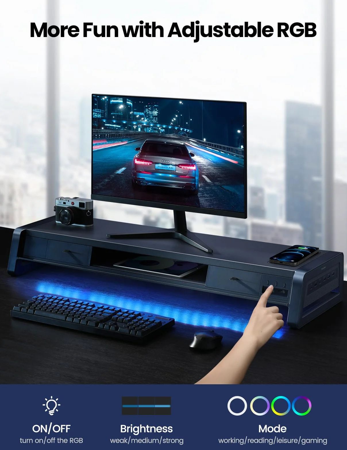 VAYDEER Podpórka pod monitor z 2 monitorami [Multi-USB] [podstawka na telefon komórkowy] [szuflada] [organizer na kable] [4 tryby LED] akcesoria do biurka, do laptopa, komputera, 50 kg (biała)