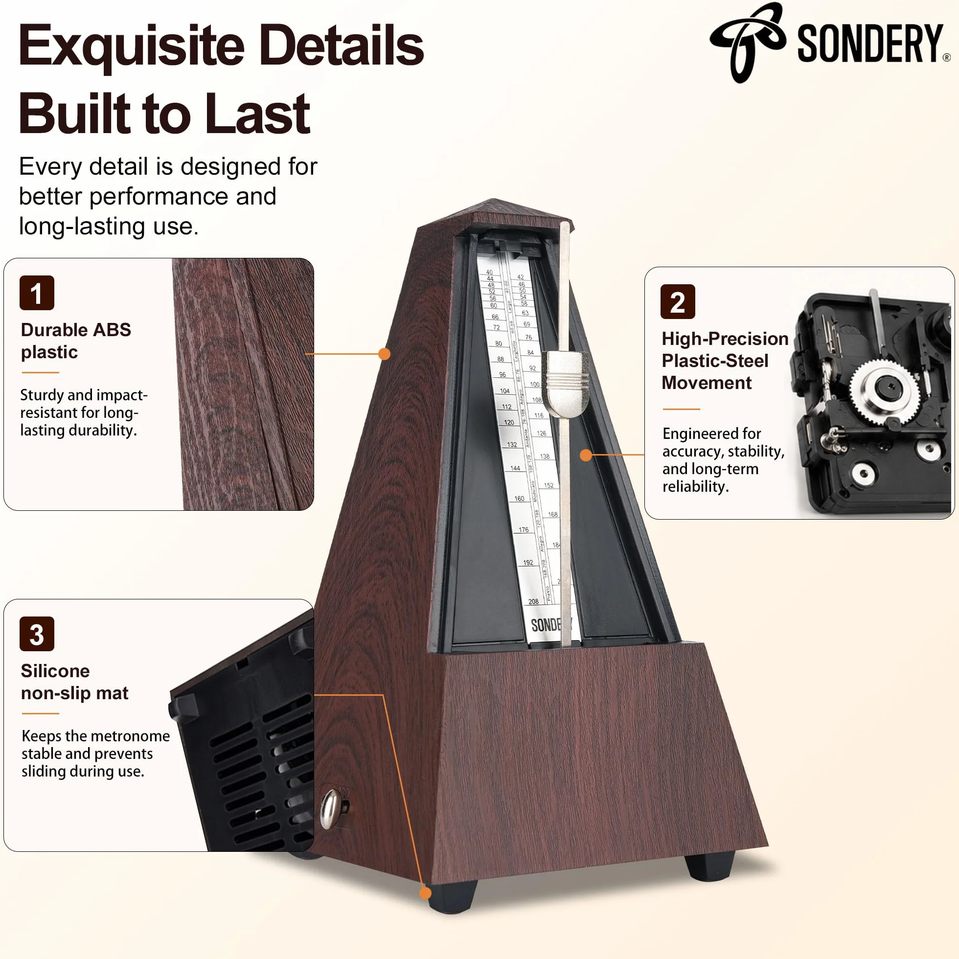 Sondery Classic Mechaniczny Metronom z dzwonkiem do fortepianu, gitary, perkusji, skrzypiec, saksofonu i wszystkich instrumentów, zakres tempa 40-208 bpm, uderzenia 02346, brązowa obudowa z wzorem