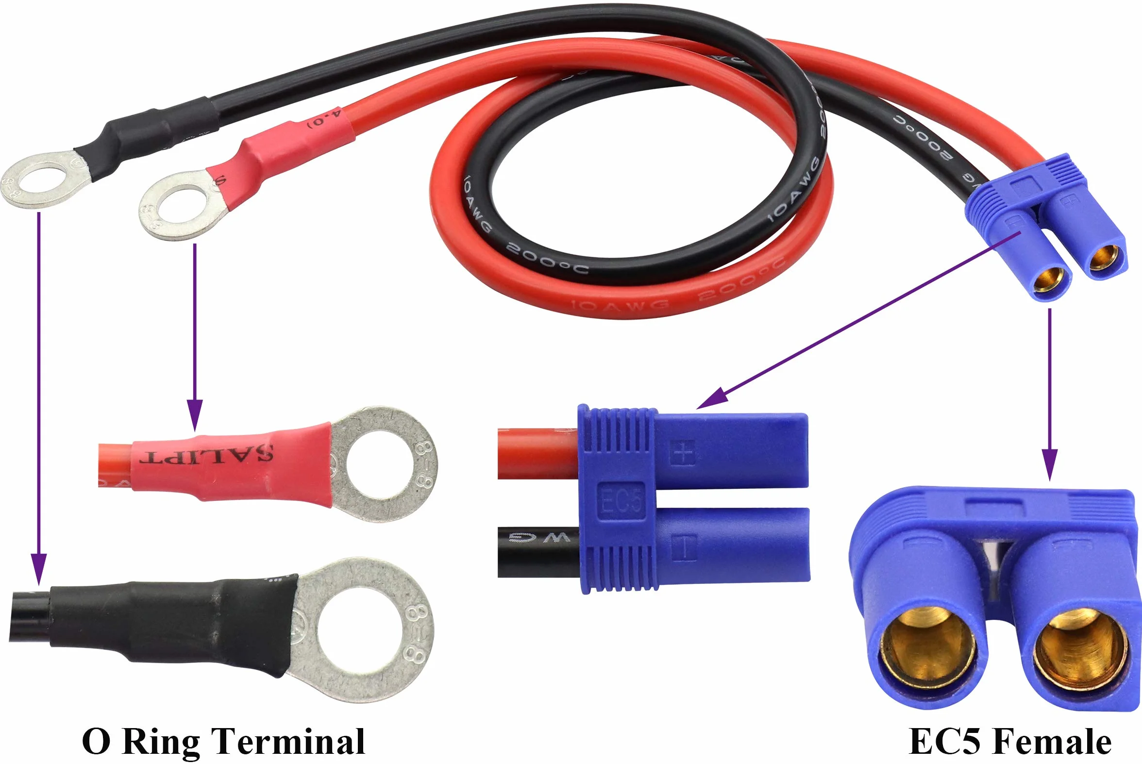 EC5 na kabel adaptera zacisku O-ring, EC5 żeński na oczko oczko, złącze przedłużające 10AWG, RC ESC, ładowarka boczna (40 cm)