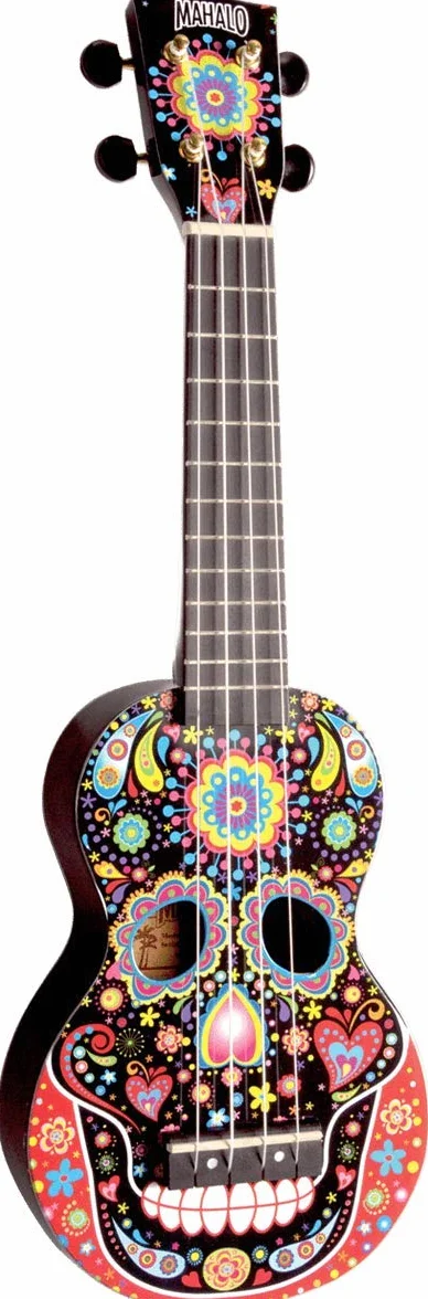 Mahalo Artystyczne ukulele sopranowe dla dzieci i początkujących, muzyczne instrumenty strunowe z głowicą i futerałem z przekładnią, mini gitary Uke dla dzieci i dorosłych, prezenty muzyczne, czaszka