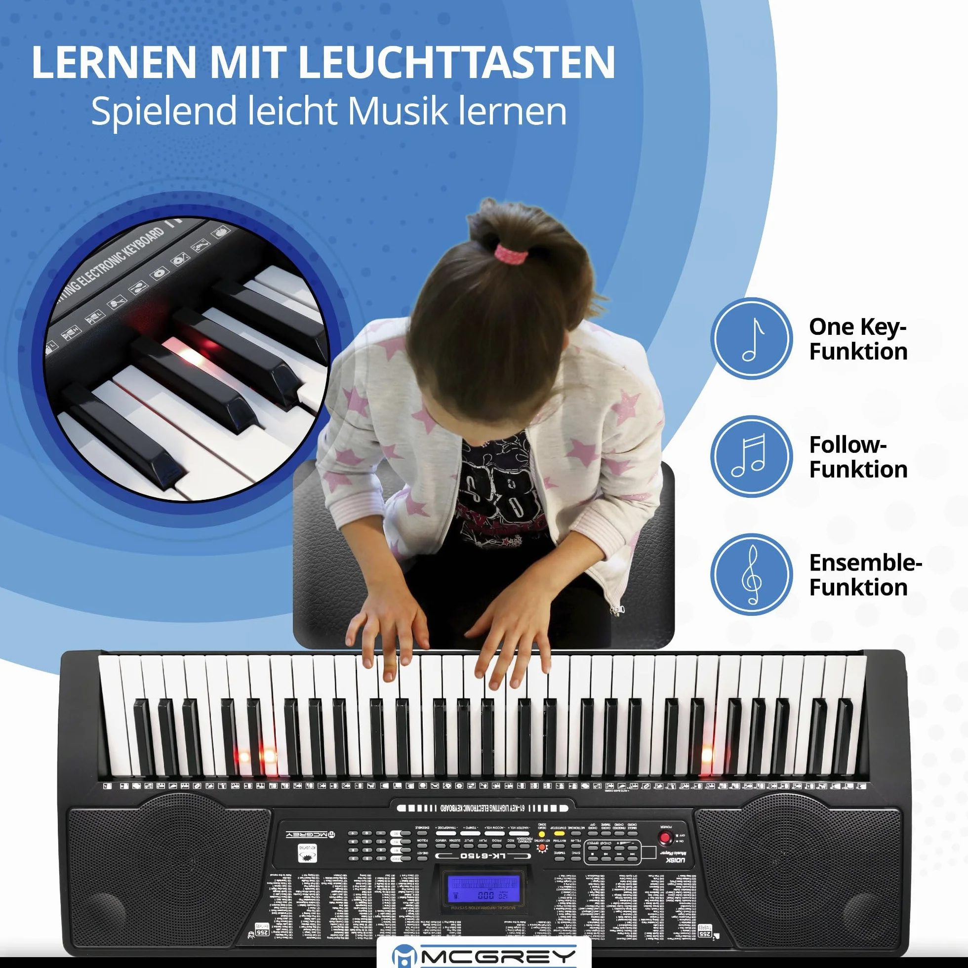 McGrey LK-6150 keyboard 61 klawiszy dla początkujących 255 dźwięków 255 rytmów MP3 czarny