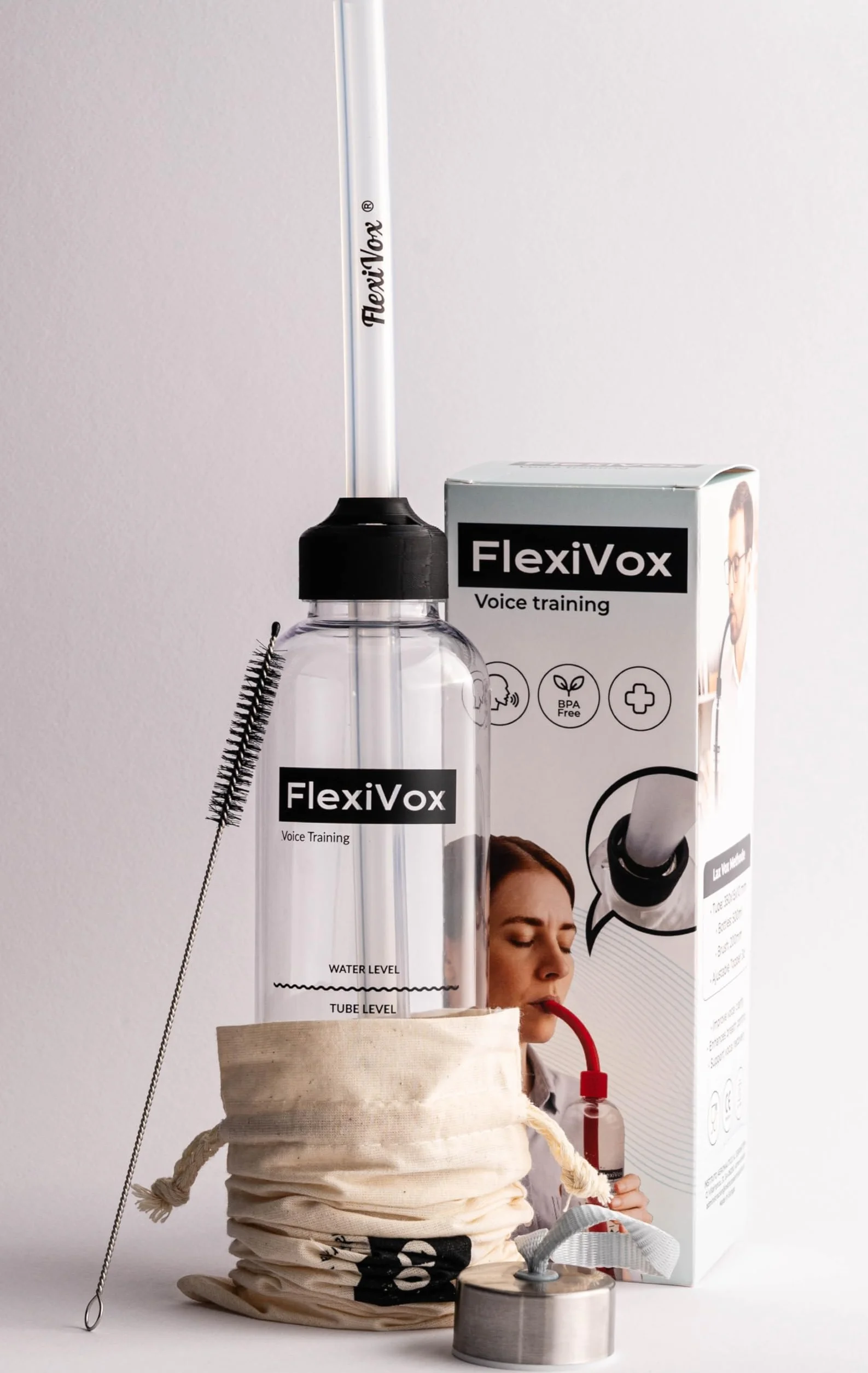 FlexiVox®, zestaw do ćwiczeń głosu | Stosowany w logopedii i terapii głosu z aseptyczną talkiem + Butelka z miarką + Szczotka + Torba + eBook + Korek regulacyjny