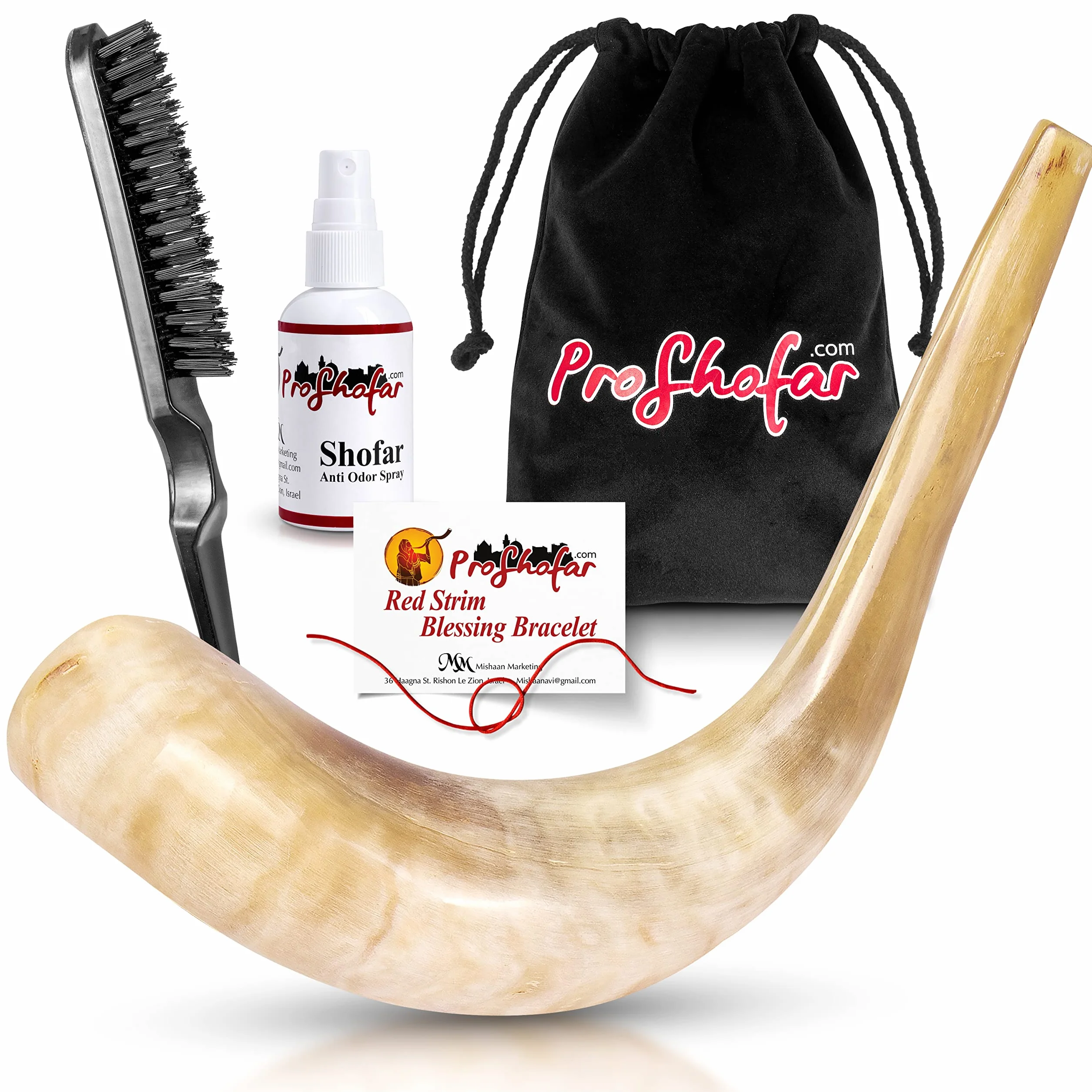 Zestaw Shofar (aksamitna torba transportowa, spray neutralizujący zapachy, szczotka do czyszczenia, przewodnik i czerwona bransoletka z Ziemi Świętej) polerowany szofar baranowy, koszerny
