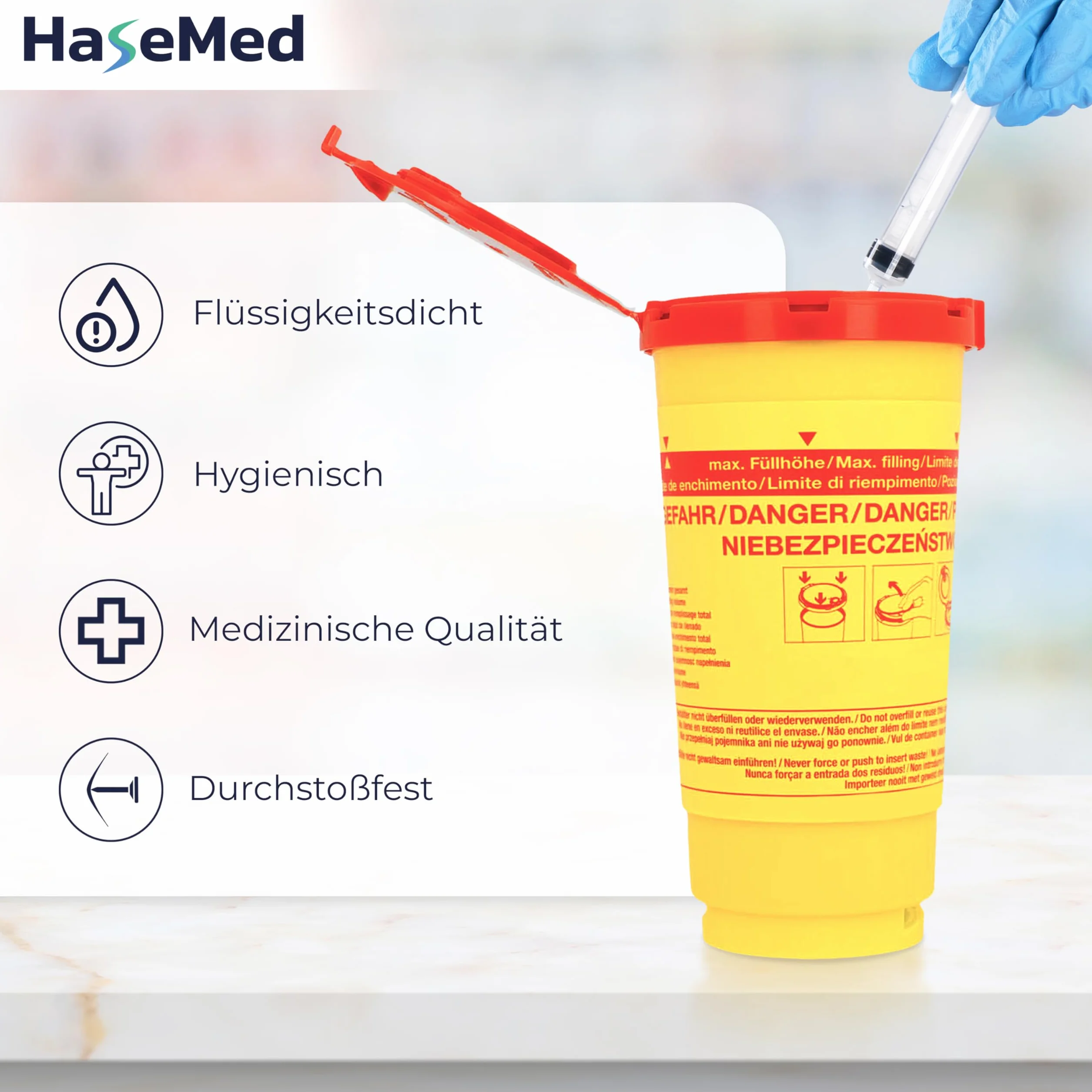 HaseMed Biohazard pojemnik na odpady z igłami, strzykawkami i ostrymi przedmiotami, bezpieczny, higieniczny, z czerwoną pokrywką, do klinik i placówek opieki (500 ml)