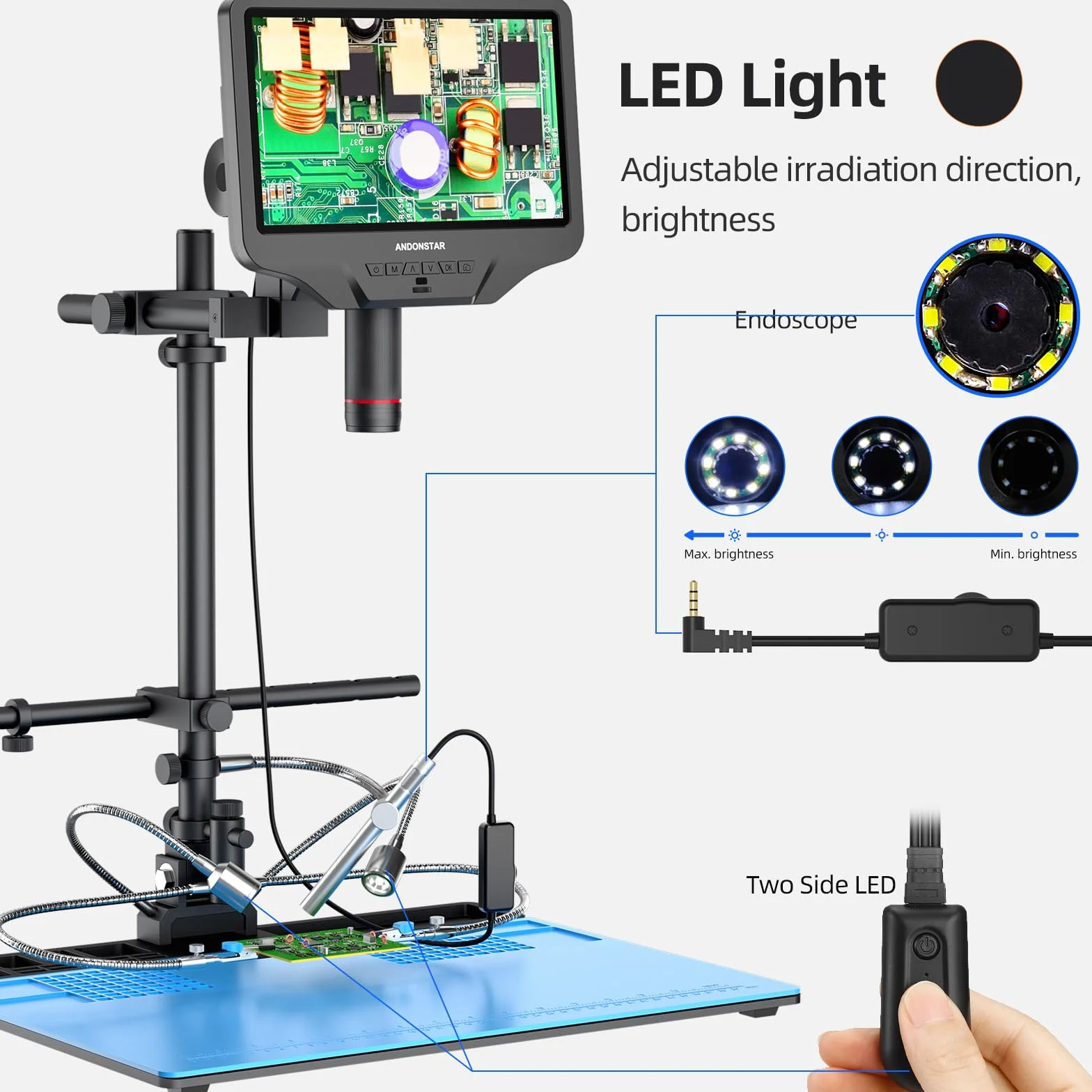 Andonstar AD409 Max cyfrowy mikroskop HDMI ze stacją lutowniczą, endoskopem, 10,1-calowym ekranem LCD, kamera mikroskopowa 300X USB do profesjonalnego lutowania PCB, obsługuje Windows PC