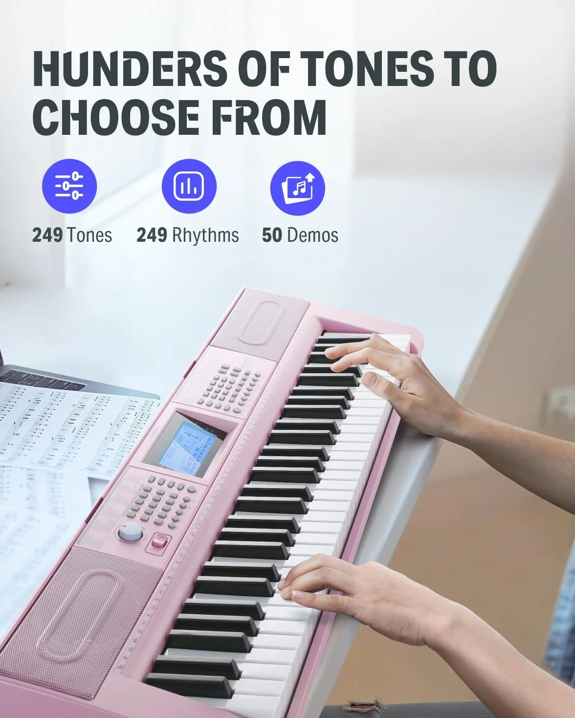Donner Keyboard Piano 61 klawiszy, elektryczny zestaw keyboard z 249 głosami, 249 rytmami – w zestawie stojak na fortepian, taboret, mikrofon, prezent dla początkujących, różowy (DEK-610S)